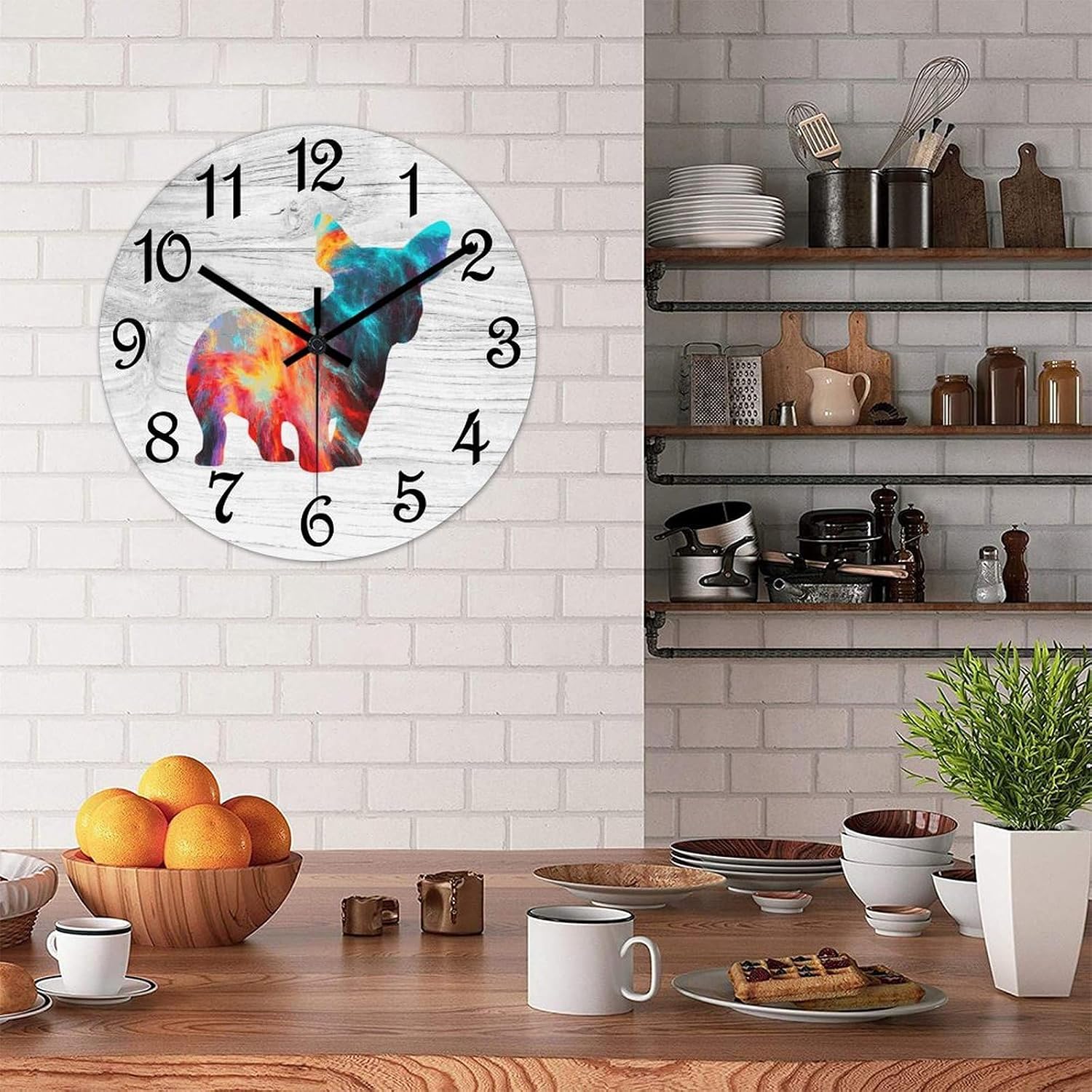French Bulldog Round Wooden Clock for Wall Decor Dog Lover Farmhouse Wall Clock 15 Inch Silent Non-Ticking Wood Clock for Office Classroom Wall Art