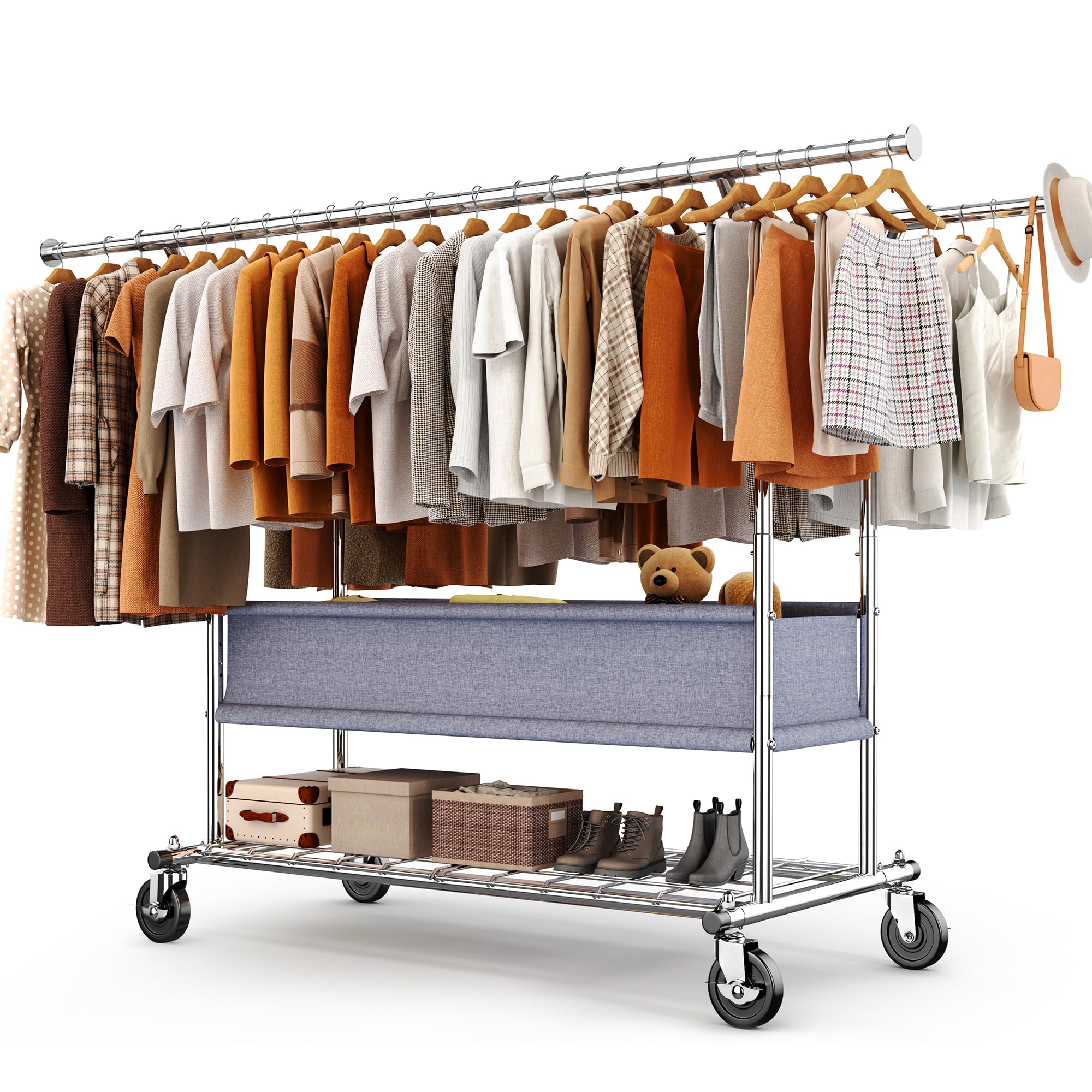 HOKEEPER Clothing Rack Heavy Duty Clothes Rack for Hanging Clothes Load 625LBS Extendable Double Rod Clothes Rack, Adjustable Rolling Garment Rack with Wheels, Basket & Shelves 71.2''W*23.6''D*68.5''H