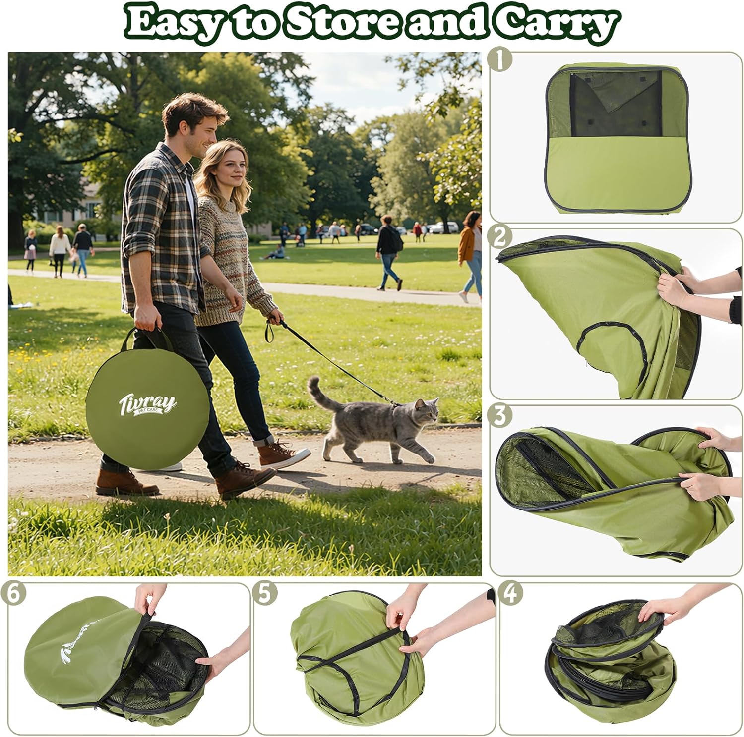 Cat Playpen, 3-in-1 Pop-up Outdoor Cat Enclosure with 2 Rooms 1 Tunnel, Breathable Pet Playpen for Indoor Outdoor Use, Portable Catio Tent with Carry Bag for Kitten Rabbit Small Animals, Green