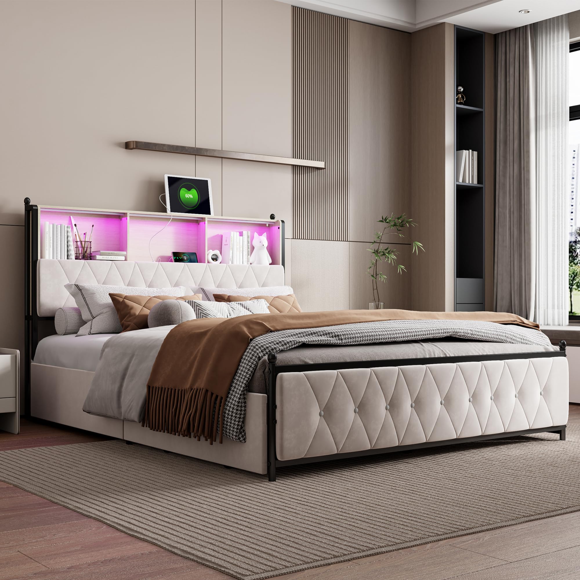 Łóżko tapicerowane 180 x 200 cm, podwójne łóżko z 4 szufladami do przechowywania, zagłówek LED z funkcją ładowania USB, oparcie z miejscem do przechowywania i stelażem, bez materaca, beżowe
