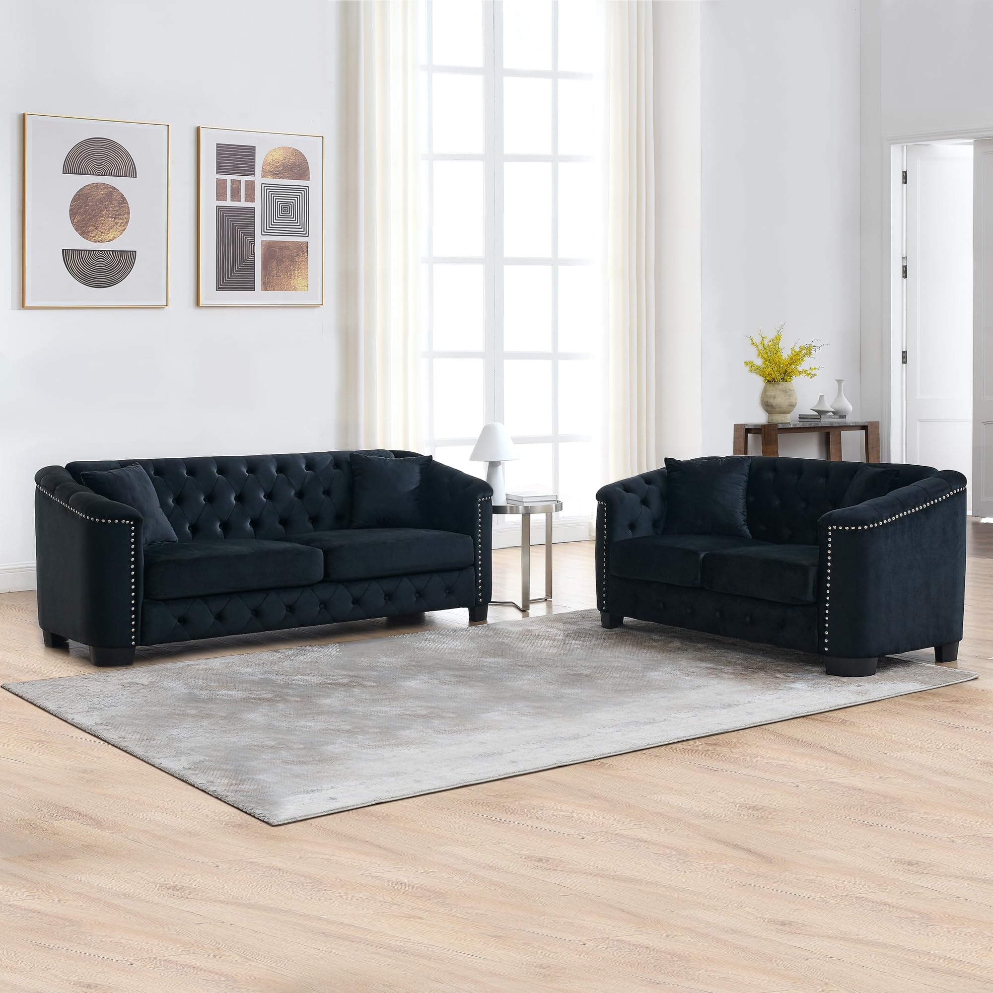 mikibama Luxury 2 Piece Chesterfield Velvet Sofa Set for Living Room, Modern Decor Furniture Sectional Sofa, 3 Seater & Loveseat Upholstered Tufted