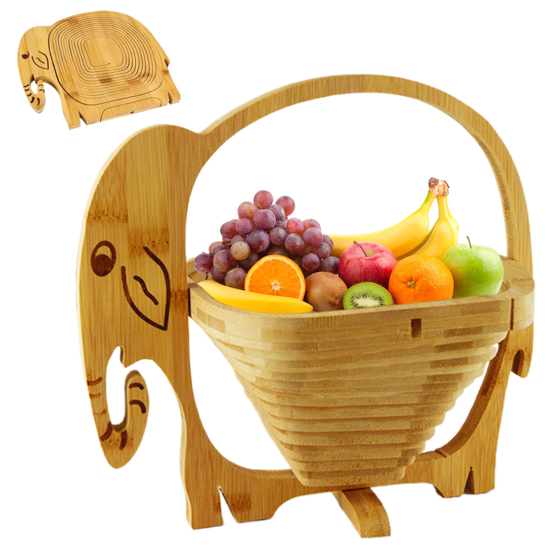 Bandeja plegable de bambú en forma de elefante con asa para frutas y mesa navideña