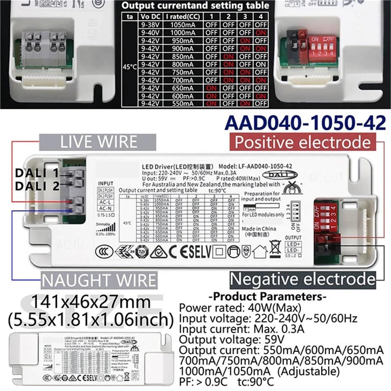 Sterownik ściemniacza LED 8,4 W, 21 W, 31,5 W, 40 W, zasilacz AC 220-240 V, 9-42 V DC, 100-1050 mA, regulowany prąd, 1 szt. (40 W, 1050 mA), maks