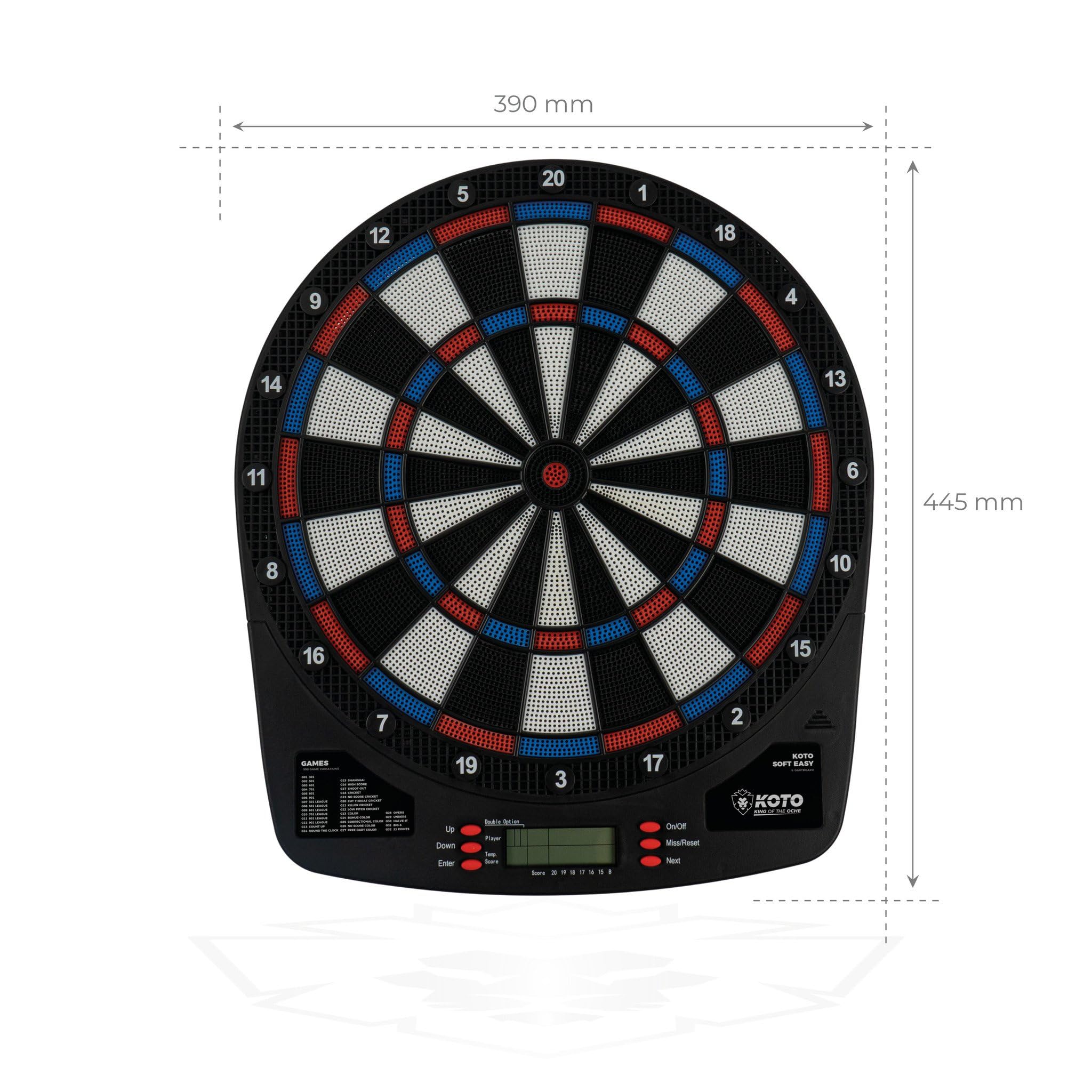KOTO – Bersaglio Elettronico Soft Easy (39x2x44,5 cm), 6 Freccette Soft, 32 Giochi, Oltre 590 Varianti, Compatto e Moderno