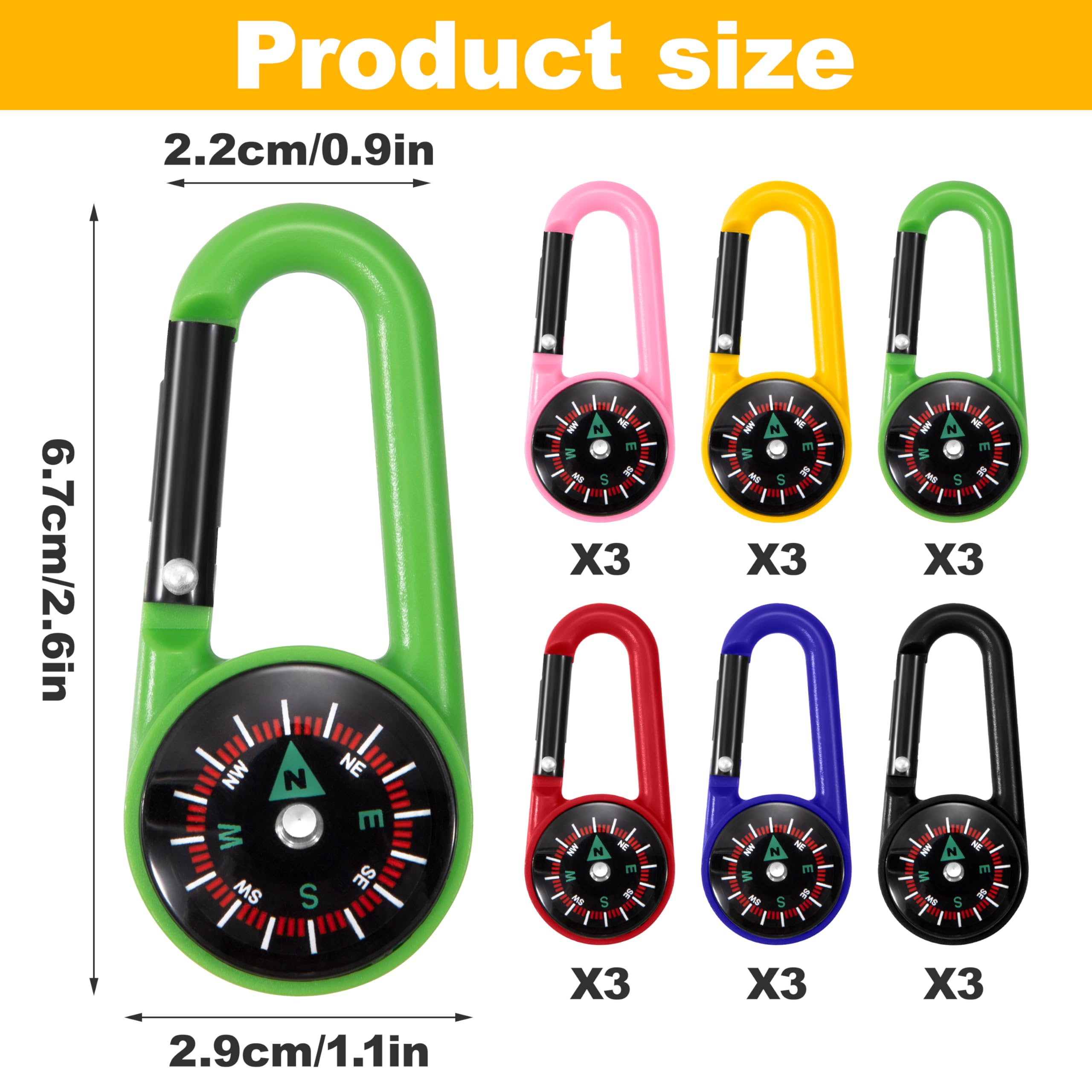 Boussole Portable avec Mousqueton - 6 Couleurs, 18 Pièces - Randonnée, Camping, Extérieur - ABS, Bxznz01_6c_18