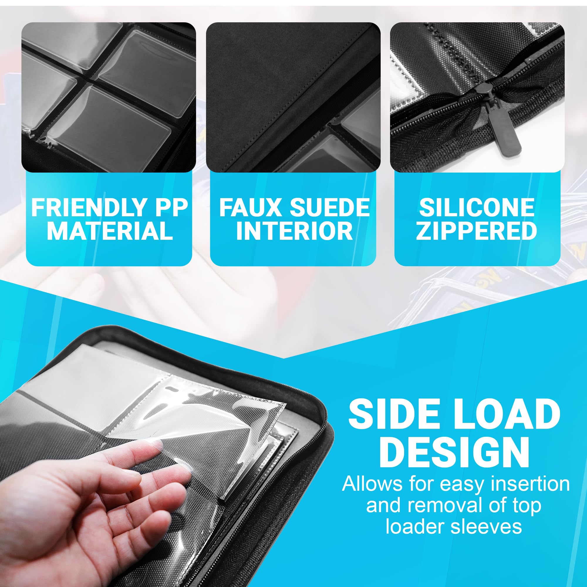 Kreative Kollector Toploader Binder – 4-Pocket Side Load Trading Card Album, Holds 112 Cards with 20 Toploader Sleeves, Compatible with Pokemon, MTG, Sports Cards, Top Loader Storage (Black)