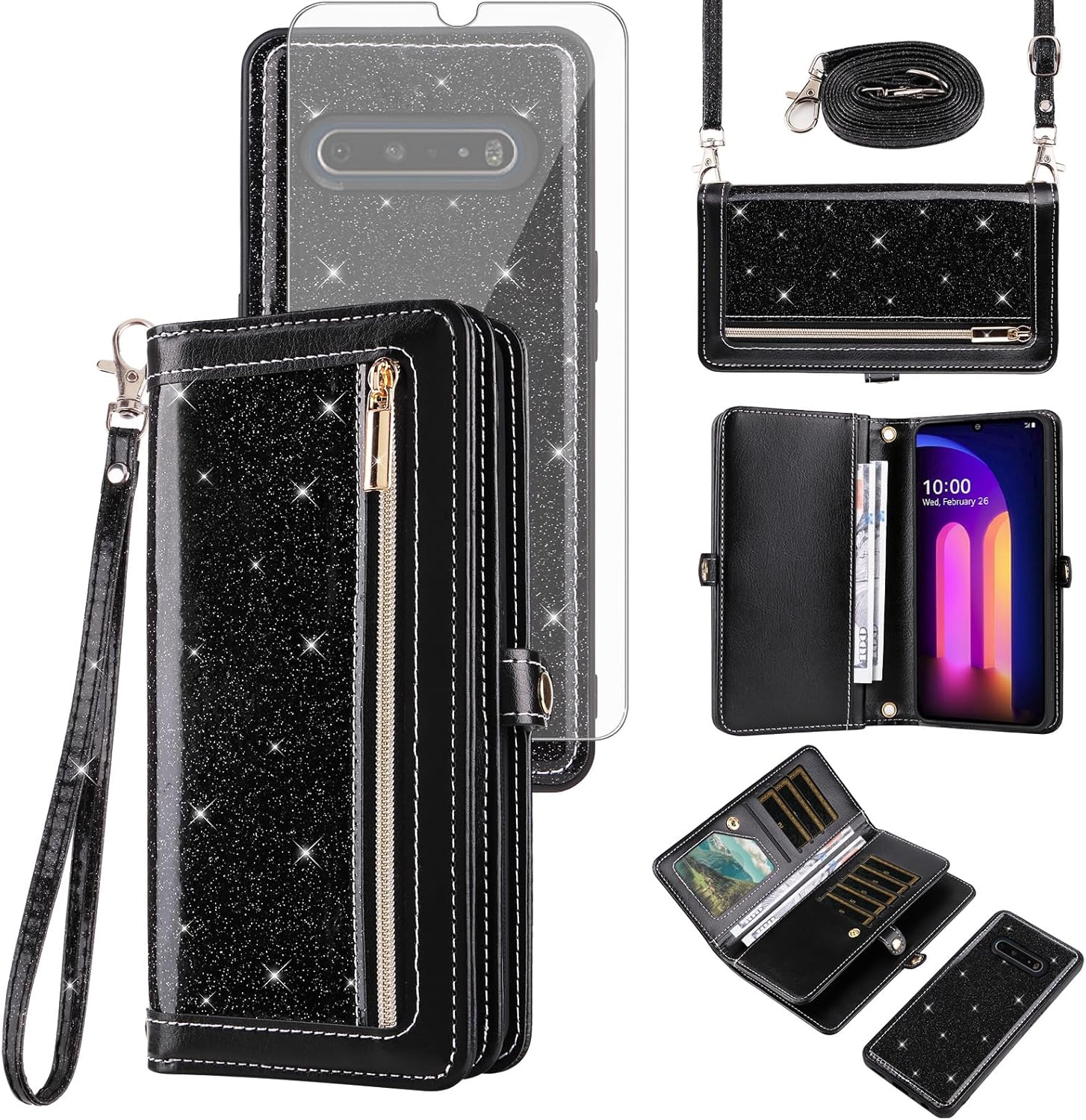 Asuwish Phone Case for LG V60 ThinQ V60ThinQ 5G G9 Thin Q Zipper Wallet Cell Cover with Tempered Glass Screen Protector Strap Bling Glitter Flip Card Holder LGV60 V 60 60ThinQ 60V Women Girls Black