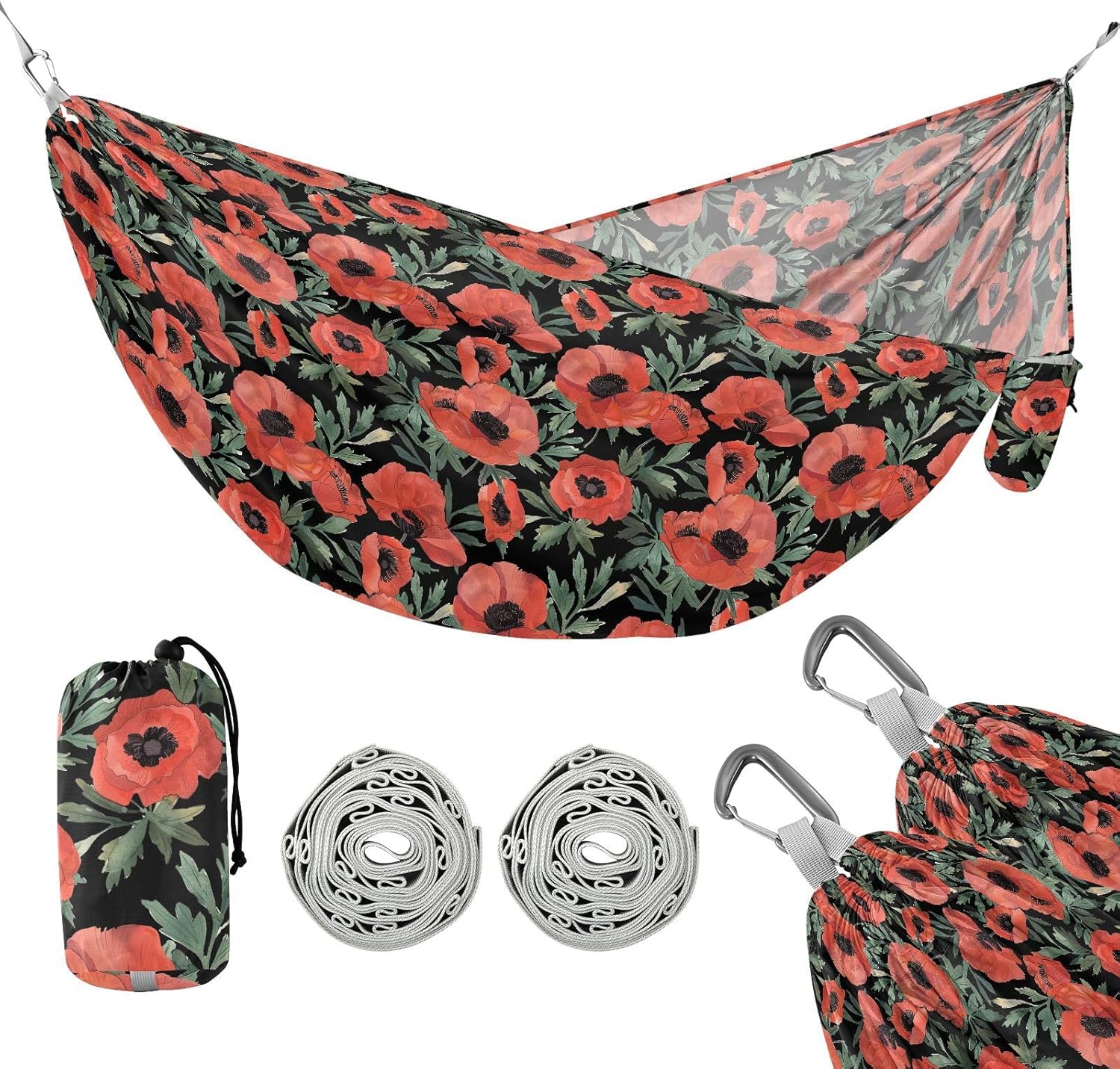 ALAZA Poppy Flowers Camping Hammocks Single or 2 Person 500 lbs Portable Parachute Travel Hammock w/Tree Straps for Hiking Backpacking Indoor Outdoor