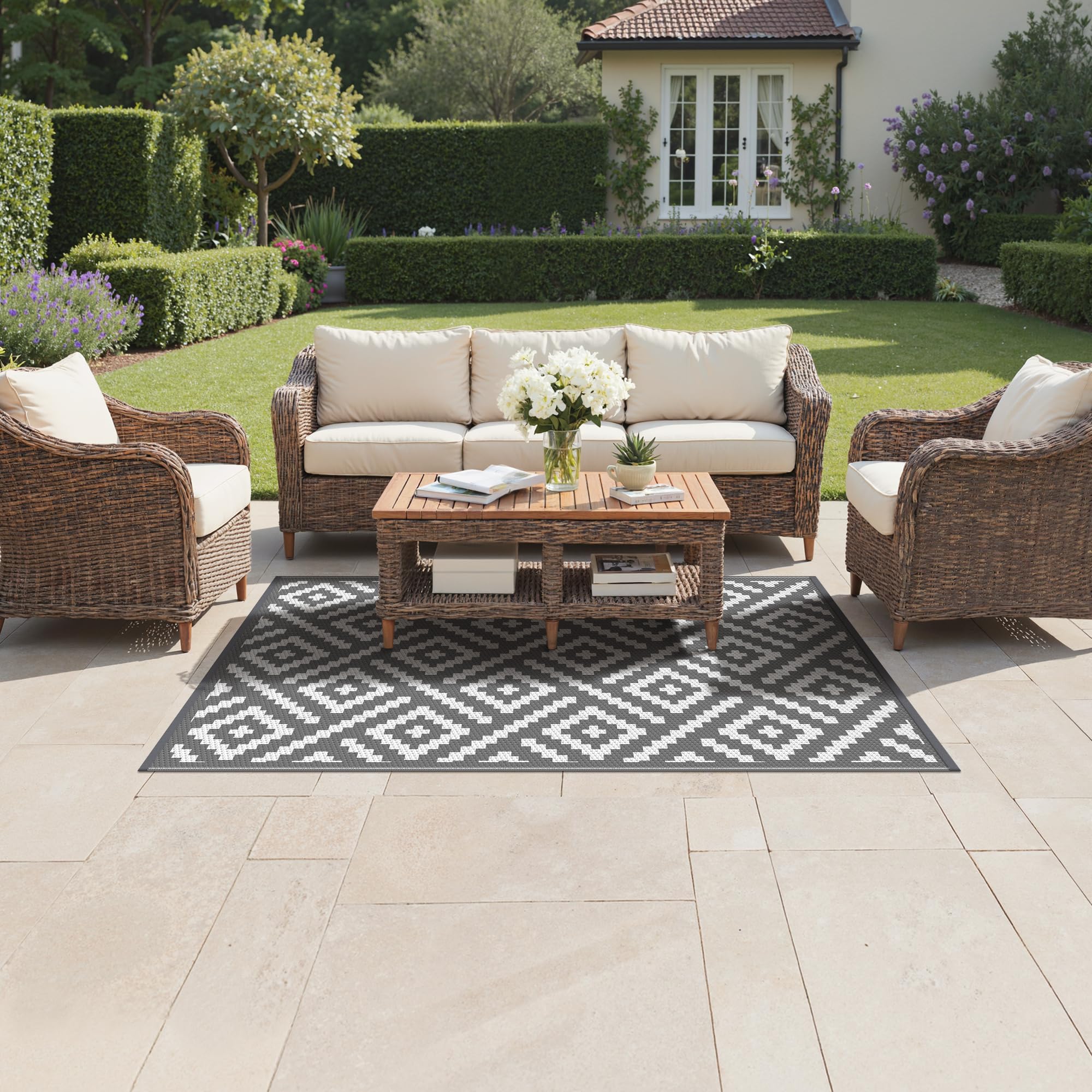 GENIMO Outdoor Rug 120x180cm,Waterproof Reversible Garden Rug Recycled Plastic UV Resistant Modern Outdoor Mat for Patios,Picnic,Backyard, Grey & White