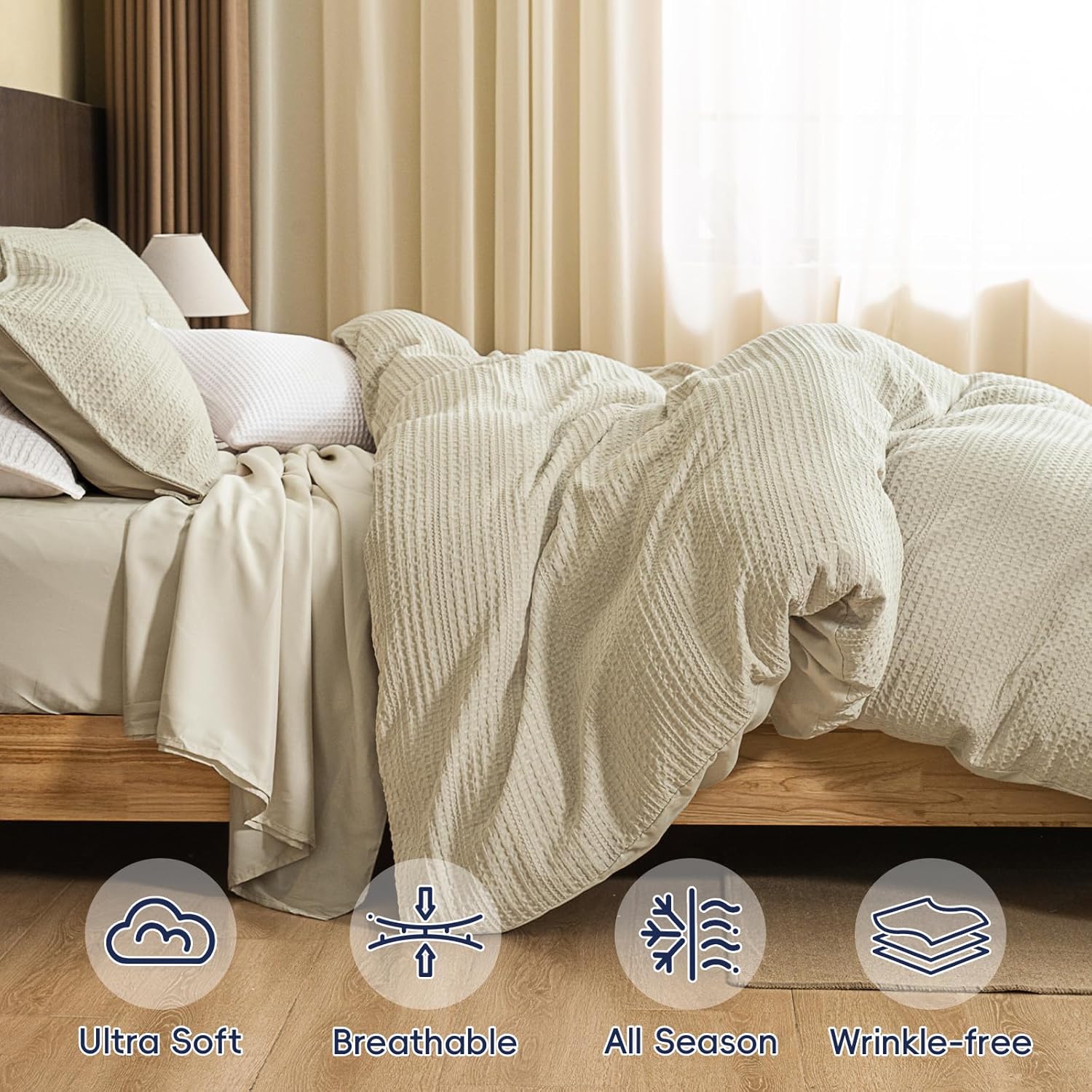 PHF Soft Waffle Duvet Cover Queen Size- Luxury Textured No Snagging Waffle Weave Comforter Duvet Cover(90"x90") with 2 Pillow Shams, 3 Pieces Breathable Bedding Set for All Season, Natural - Image 5