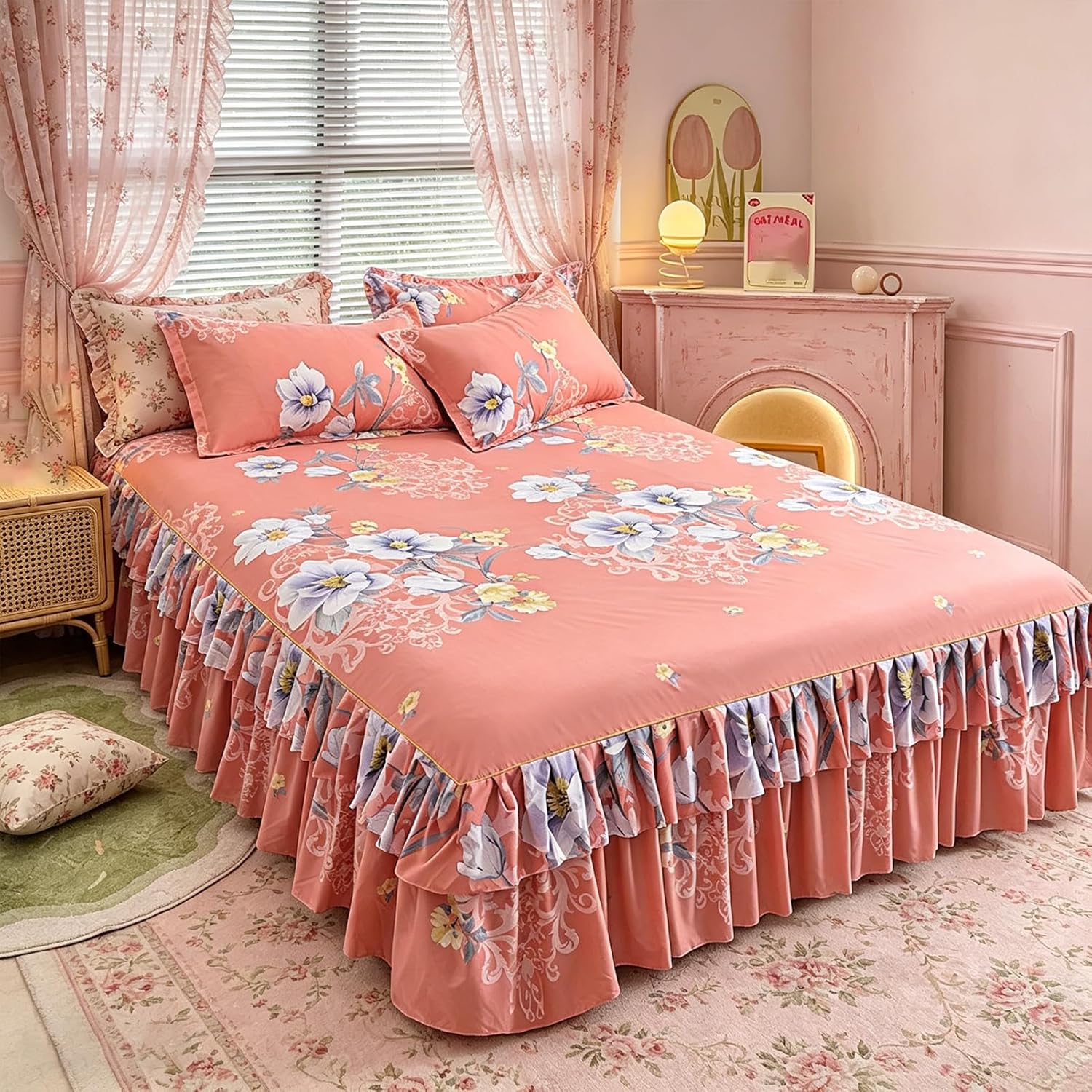 3-Piece Ruffled Bed Skirt Set with Floral Print, Elegant Floral Ruffled Bed Skirt for Master Bedroom, Vintage Soft Microfiber Dust Fade Resistant Bedspread with Pillowcases (C, Full)