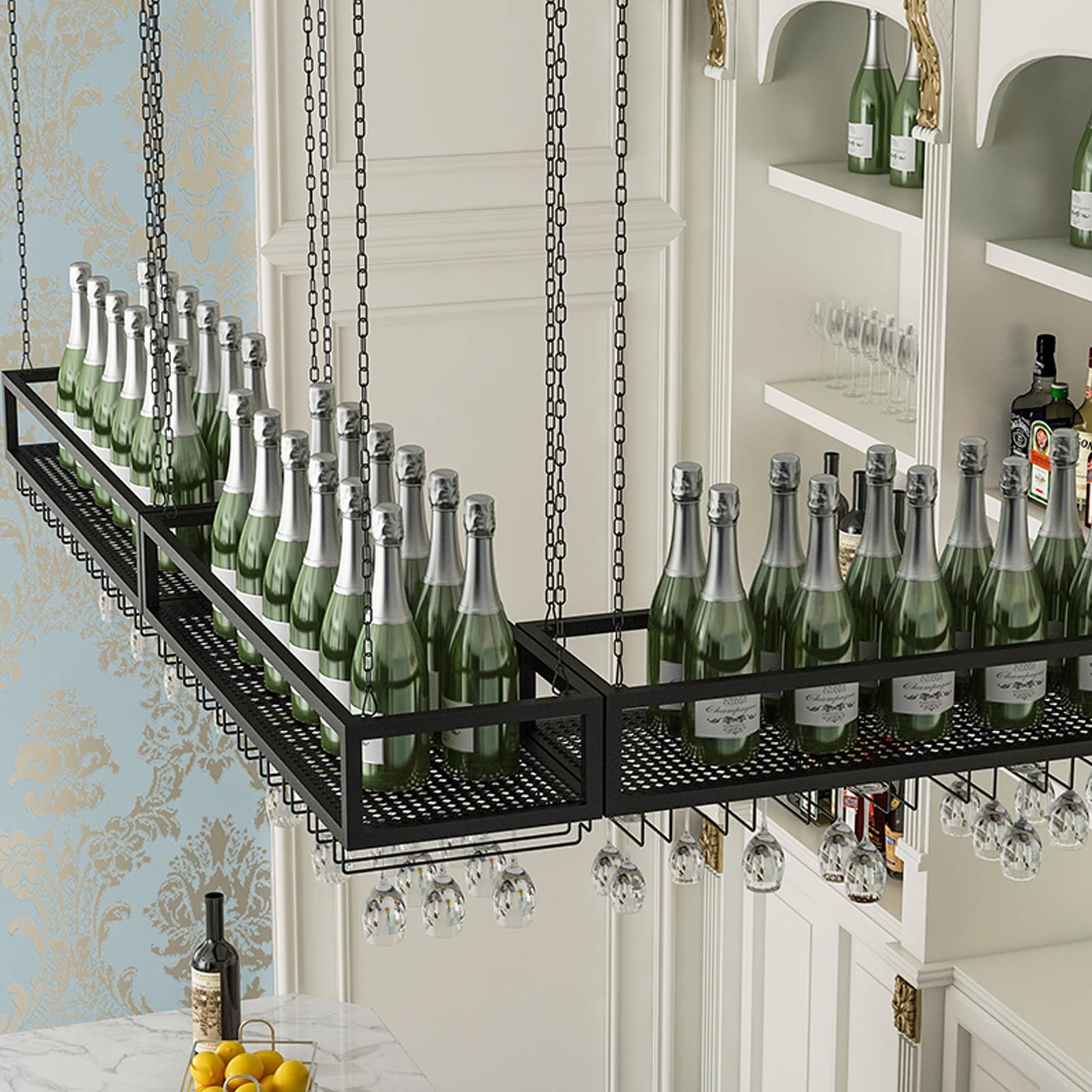 Botellero Colgante con Soporte para Copas, Ideal para la Cocina o el Bar. Estantes metálicos para Colocar bajo el Armario o en el Techo. Soporte para Copas y Vasos. 60 x 25 x 20 cm