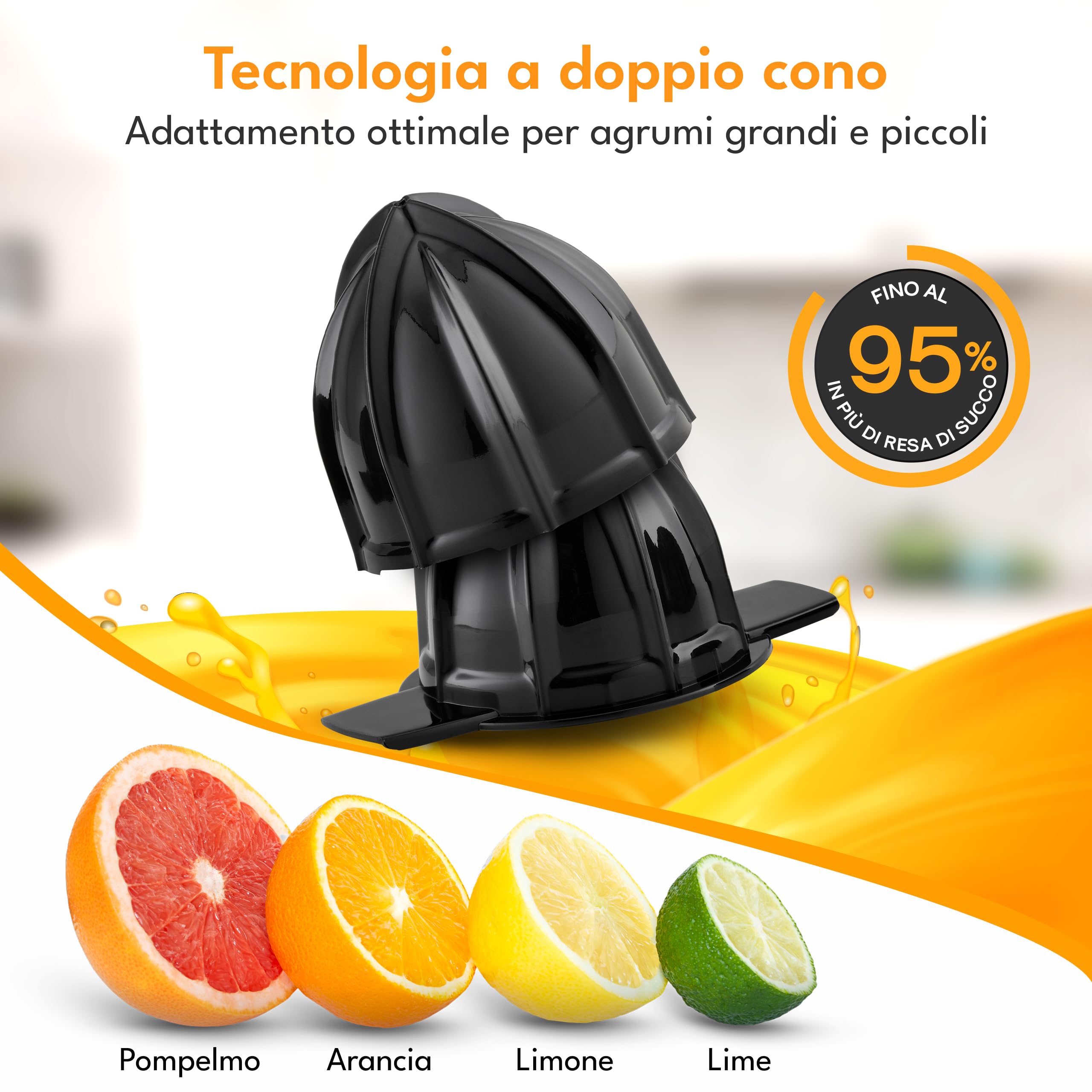 LEBENLANG Spremiagrumi elettrico - 2 Coni e senza BPA I Alta resa di succo I 700ml Spremi agrumi elettronico I Spremuta arancia Spremitore arance automatico I Sprema arancie piccolo silenzioso nero