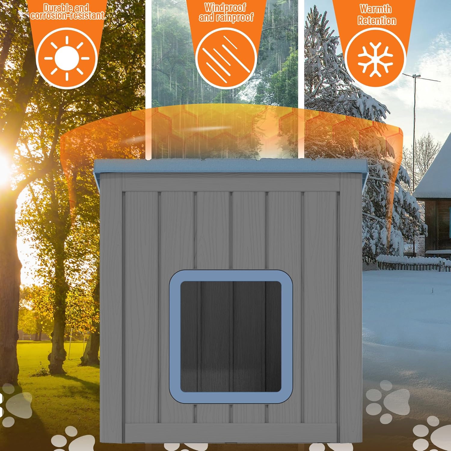 NUNU LAB Outdoor Dog House – Weatherproof PP Plastic Dog Shelter with Sloped Roof, Waterproof & Windproof Kennel for Small & Medium Dogs, Easy to Clean(Gray & Blue)