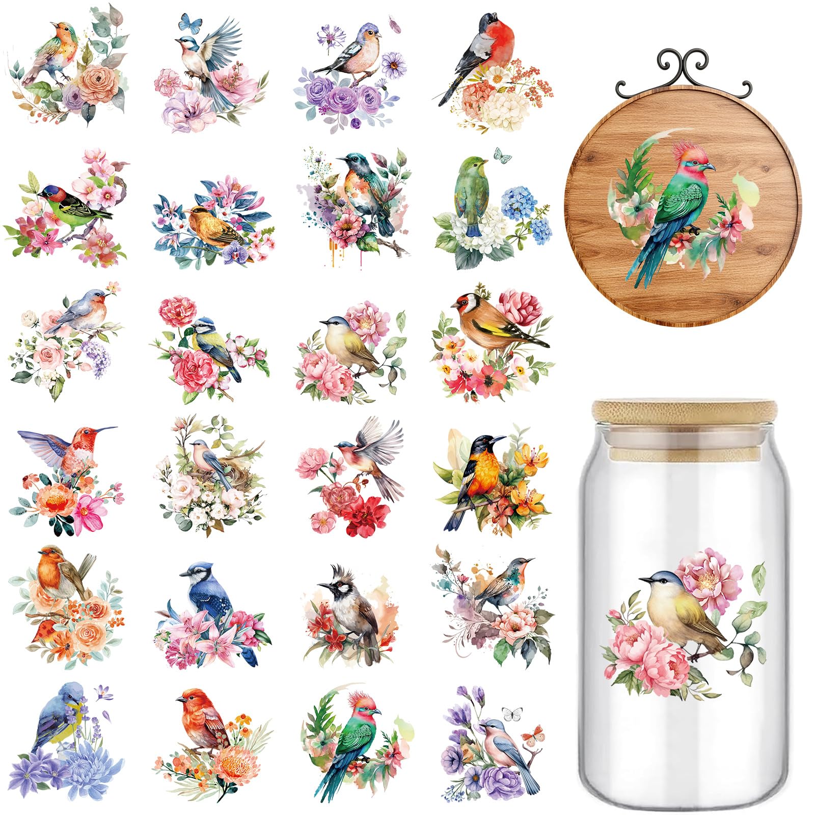 FYSUIMU 24 Sheets Bird Floral Rub on Transfer for Crafts Colorful Rub on Transfer Stickers Furniture Decals for Home Office Party DIY Crafts, 3 x 3
