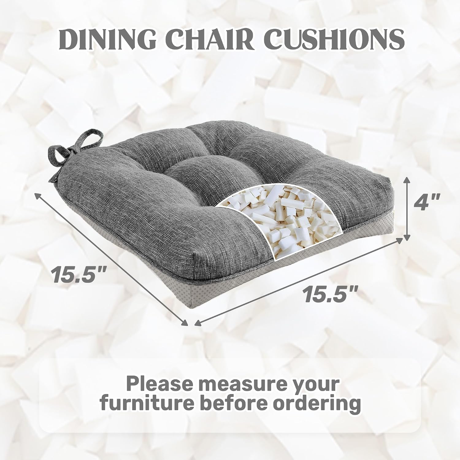 puredown® Chair Cushions for Dining Chairs, Tufted Memory Foam Chair Pads with Non-Slip Backing, Kitchen Seat Cushions with Ties, Washable Seat Pad Set of 4, 15.5" x 15.5" x 4", Dark Grey