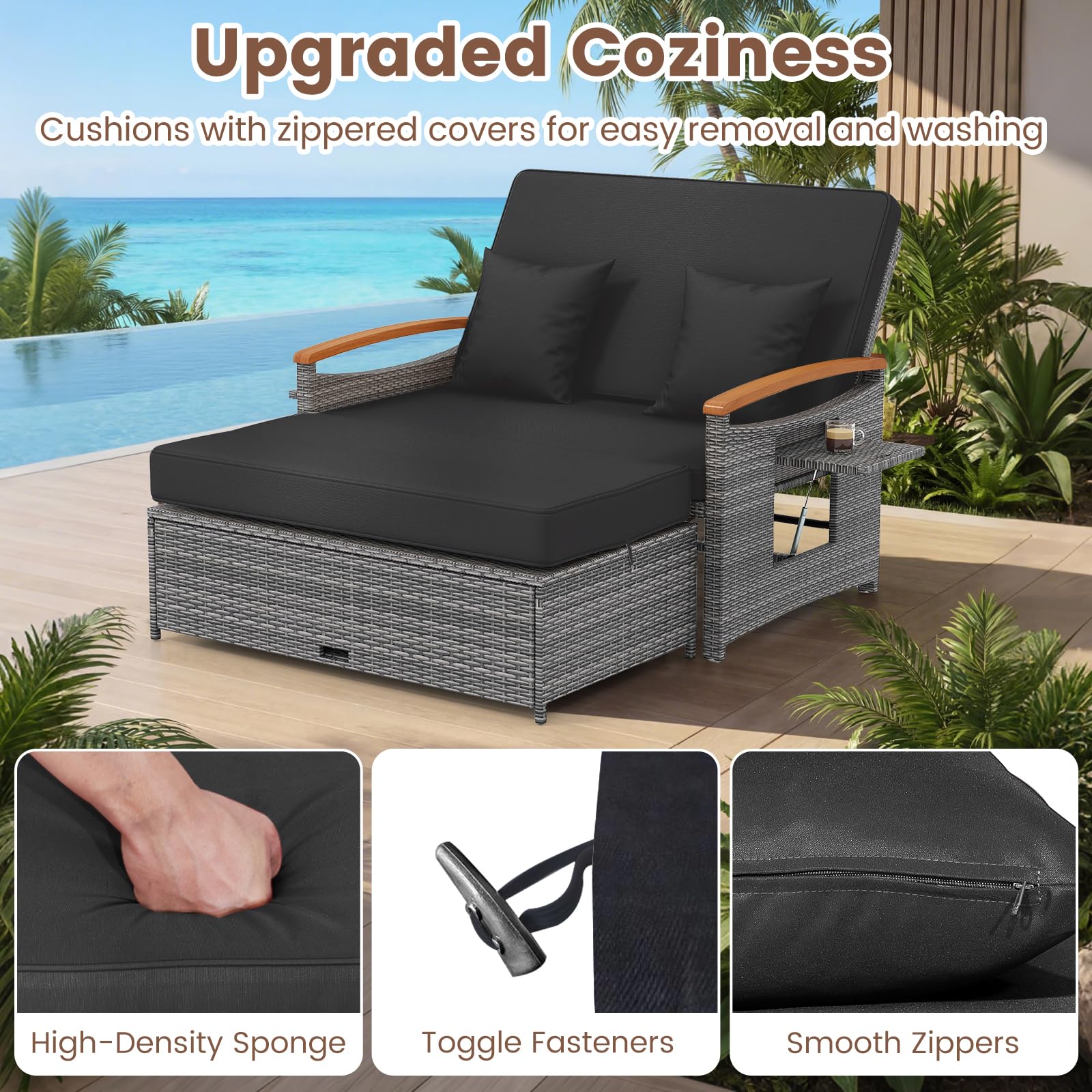 GIANTEX Meuble Extérieur 2 Pièces en Rotin PE avec Ottoman (Gris + Noir)
