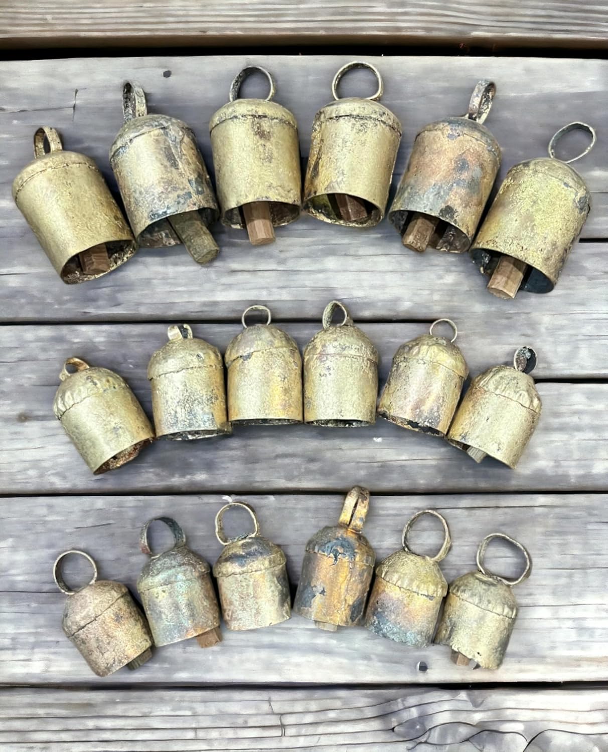 Mango Gifts Rounded Top Rustic Iron Tin Bells with Wooden Striker Vintage Chime, Craft Bells, Antique Barn Bells, X-Mas Tree Decoration, Country Decor (set of 18 Pieces)