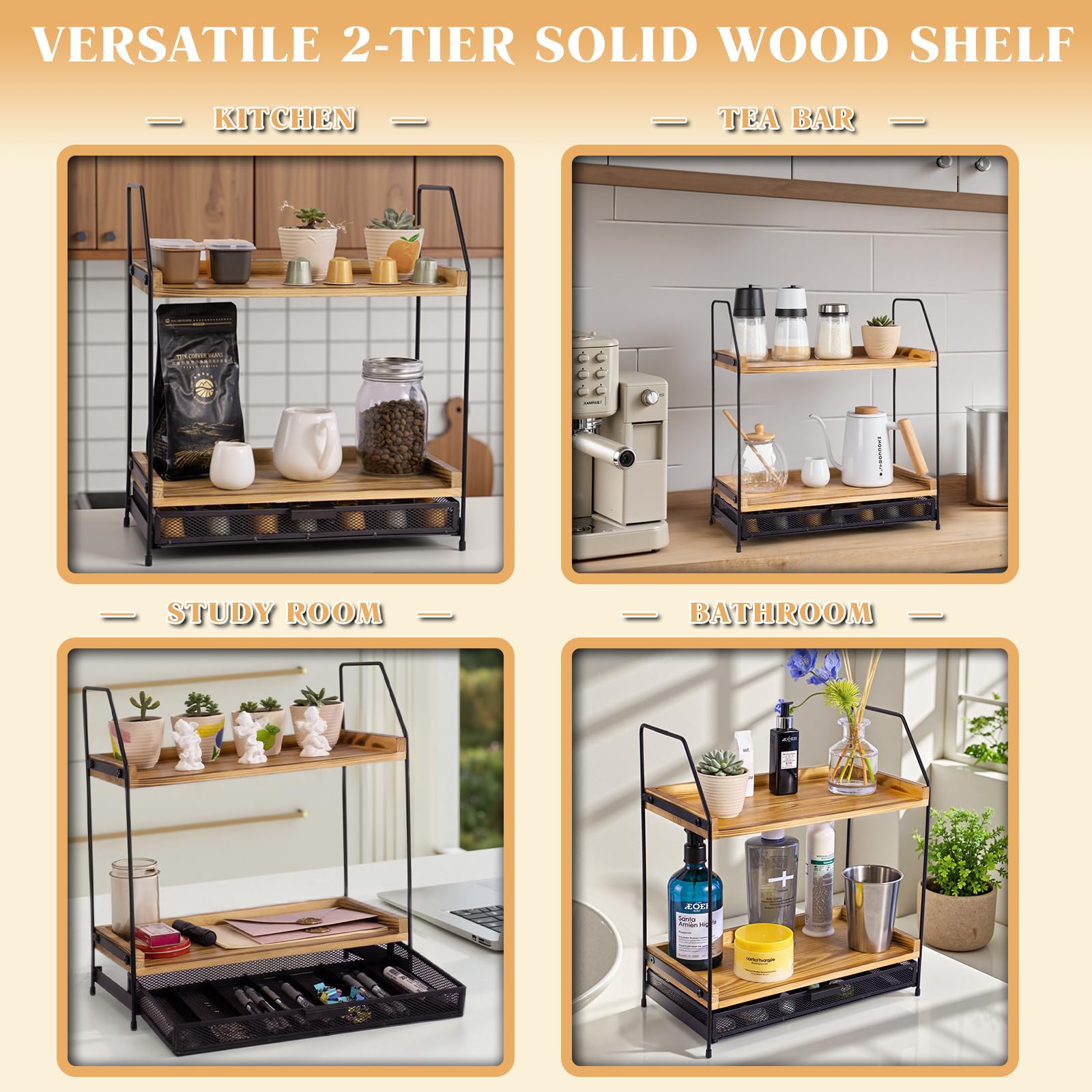 Industriële Stijl Accessoires Koffiebar Organizer - 2-Lags Houten Station Met Uittrekbare Lade Voor K-Cups, Mokken & Koffie Accessoires Nespresso Capsules Holder