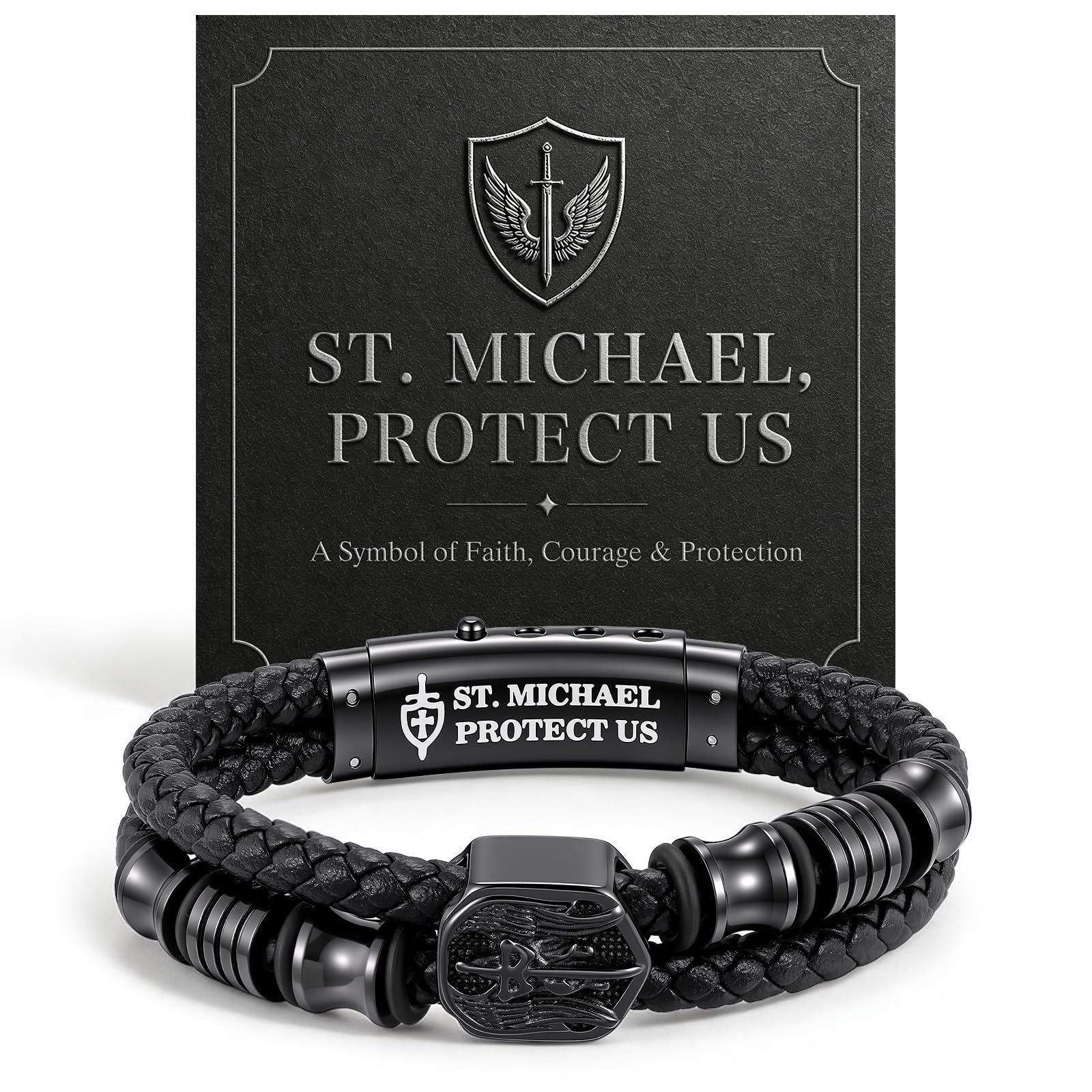 St Michael Protect Us Bracelet-Men's Christian Cross Cuff Bracelets