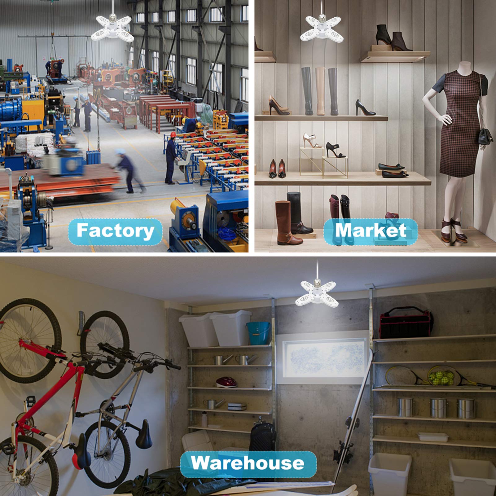 LED Garage Light With 3 Adjustable Panels – 6000LM 6500K, 30W, E27/E26 Base, Dimmable, PC Housing, 4-Pack For Workshops, Basements, Warehouses