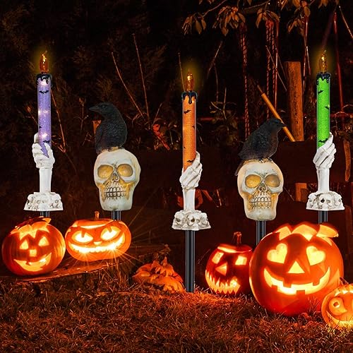 Miniatura 3 de Luces solares de Halloween para decoración al aire libre, paquete de 5 luces de vela de calavera + luces solares de calavera con cuervo negro, luces