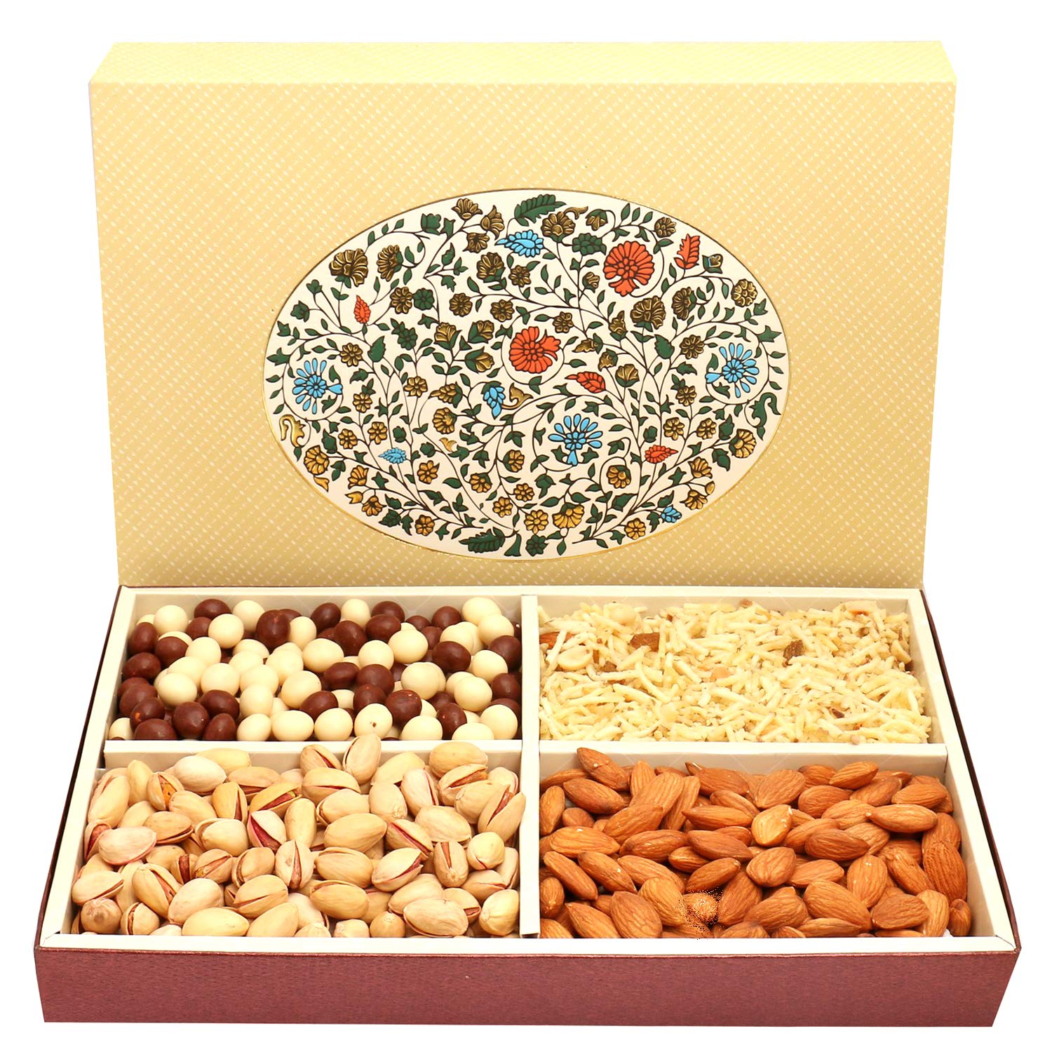Ghasitaram Gifts Diwali Gifts Diwali Dryfruit - Eco 4 Part Print Hamper Box with Almonds, Pistachios, Namkeen and Nutties 600 GMS