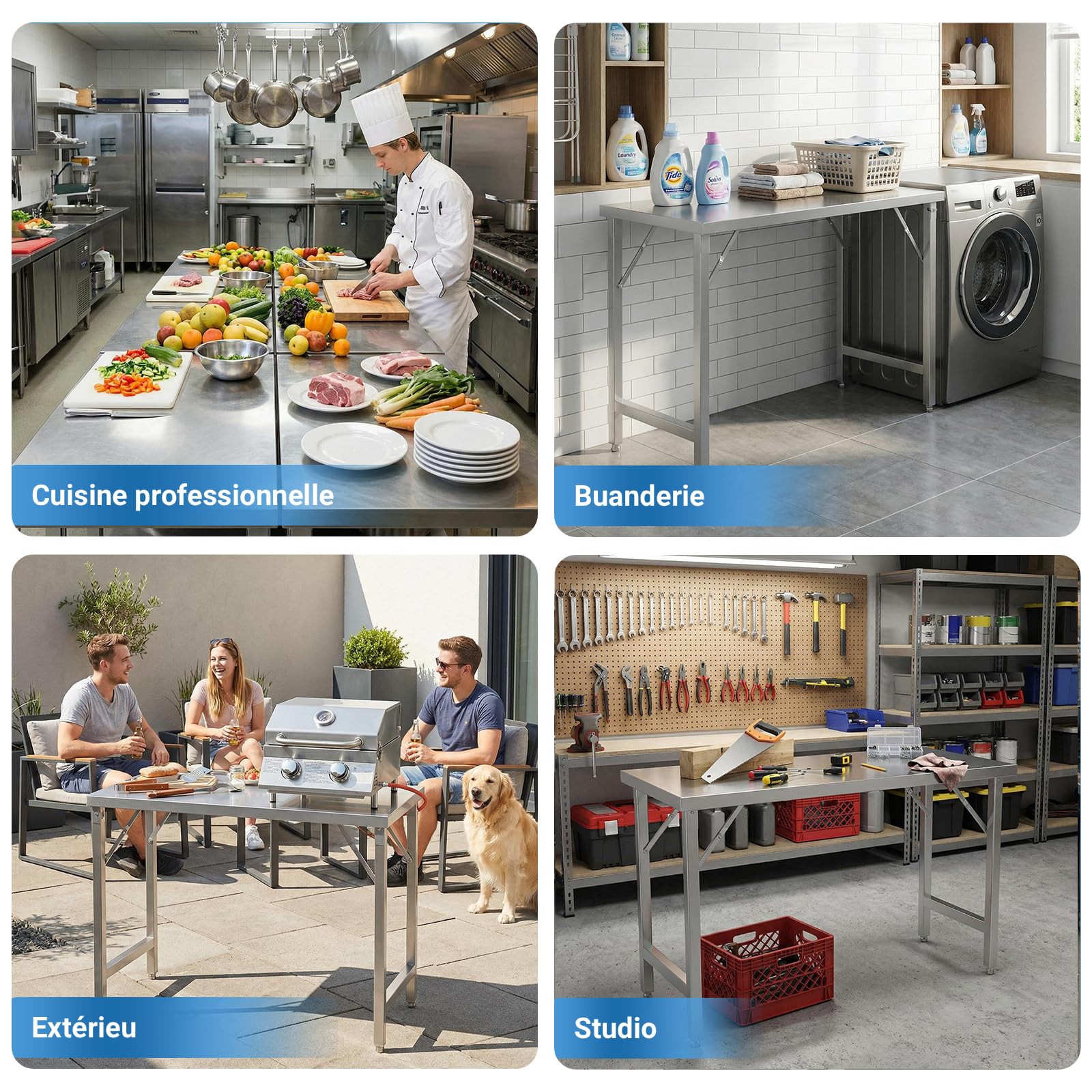 TLSUNNY Table de Travail Cuisine Pliante Acier Inoxydable 120x60cm, Établi de Restauration en Inox avec 5 Crochets, Pied Réglables, Charge 250kg,Table de Préparation Alimentaire pour Restaurant Jardin