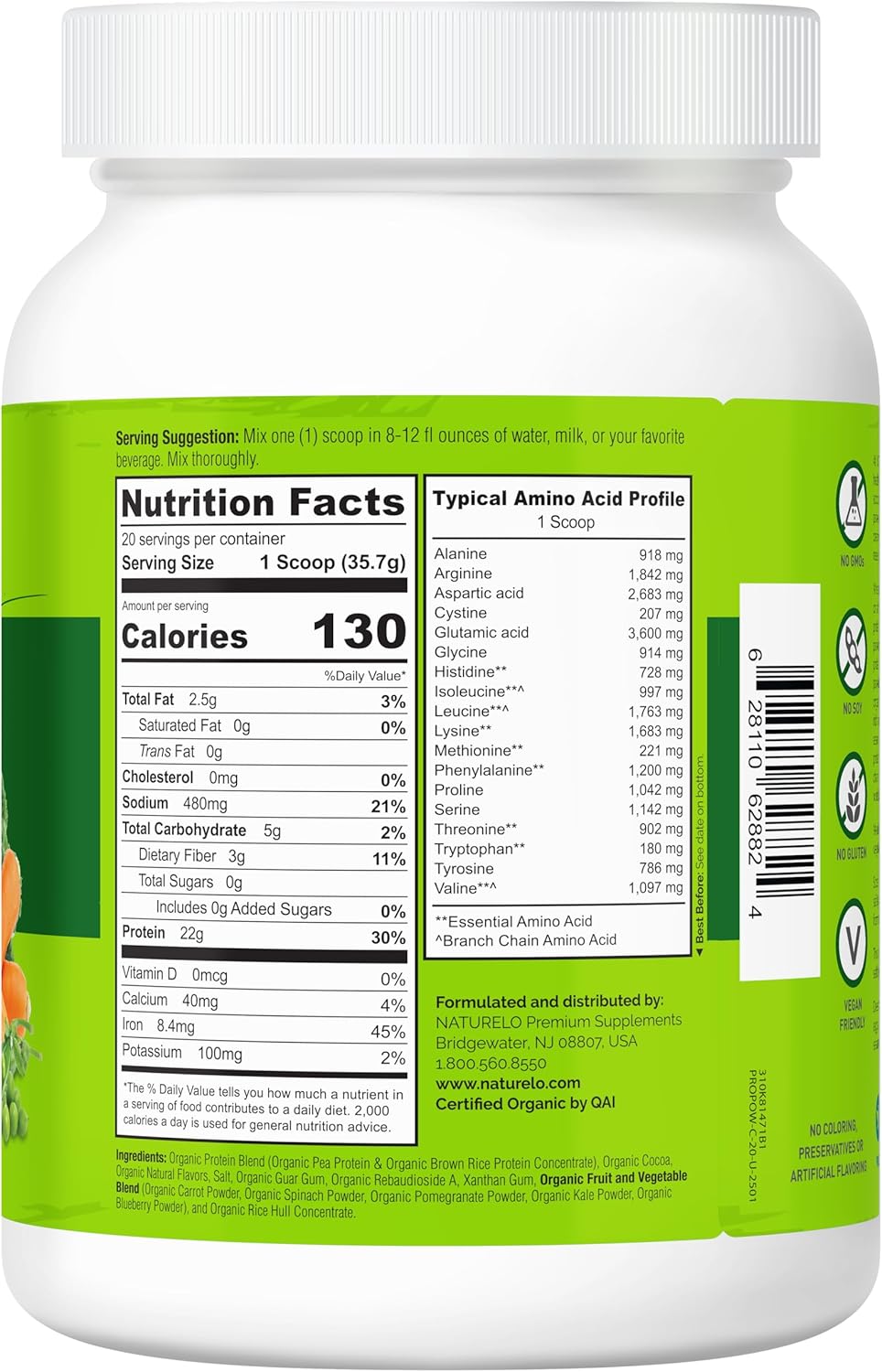 NATURELO Plant Protein Powder, Chocolate, 22g Protein - Non-GMO, Vegan, No Gluten, Dairy, or Soy - No Artificial Flavors, Synthetic Coloring, Preservatives, or Additives - 20 Servings