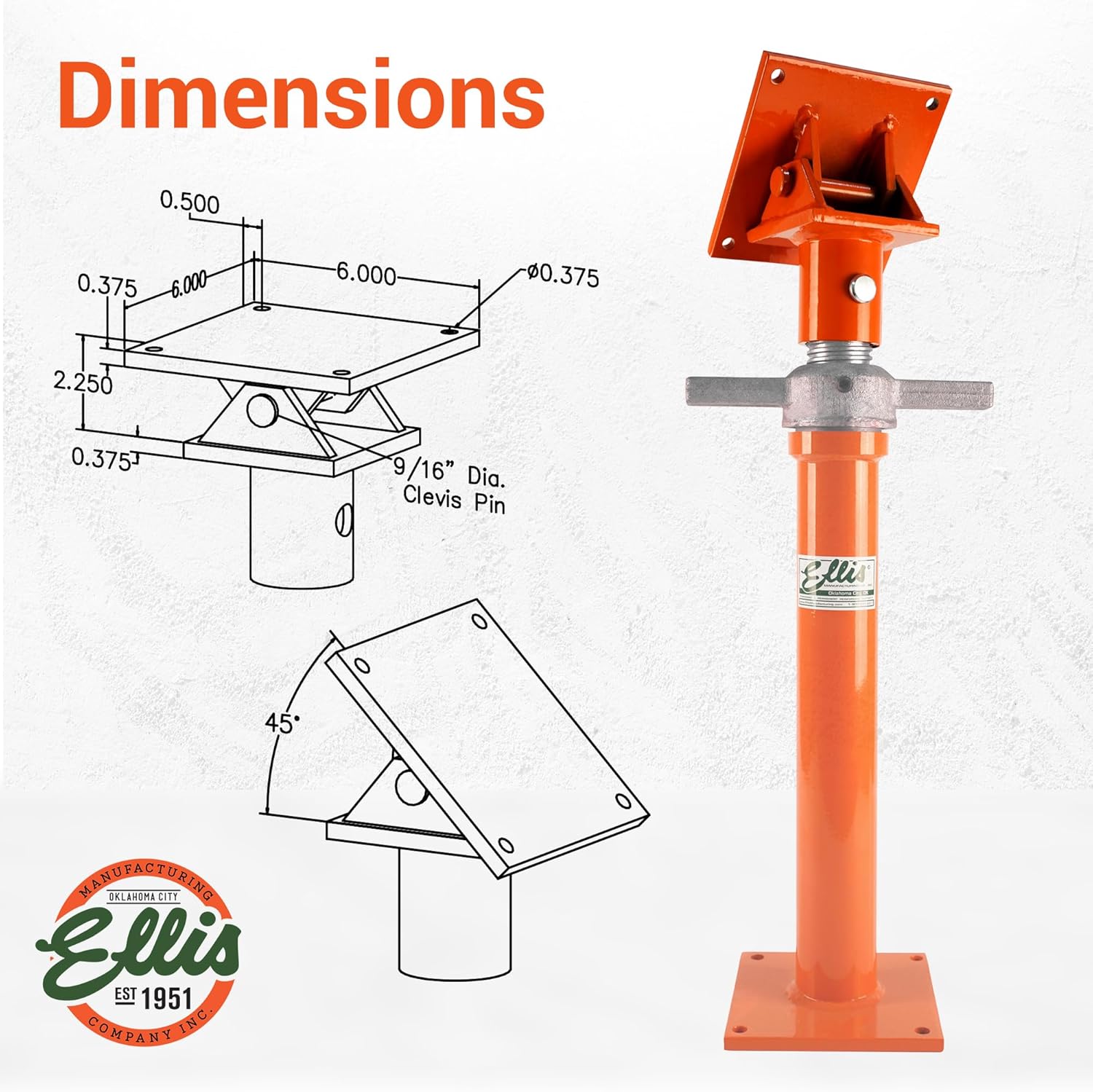 Ellis Manufacturing Company - U-Head Top - Pivoting Perpendicular for Light Duty Steel Shores - Pivots Up to 45 Degrees in Two Directions - Ideal for Floor Jack & Rod Stand Support - Flat Plate