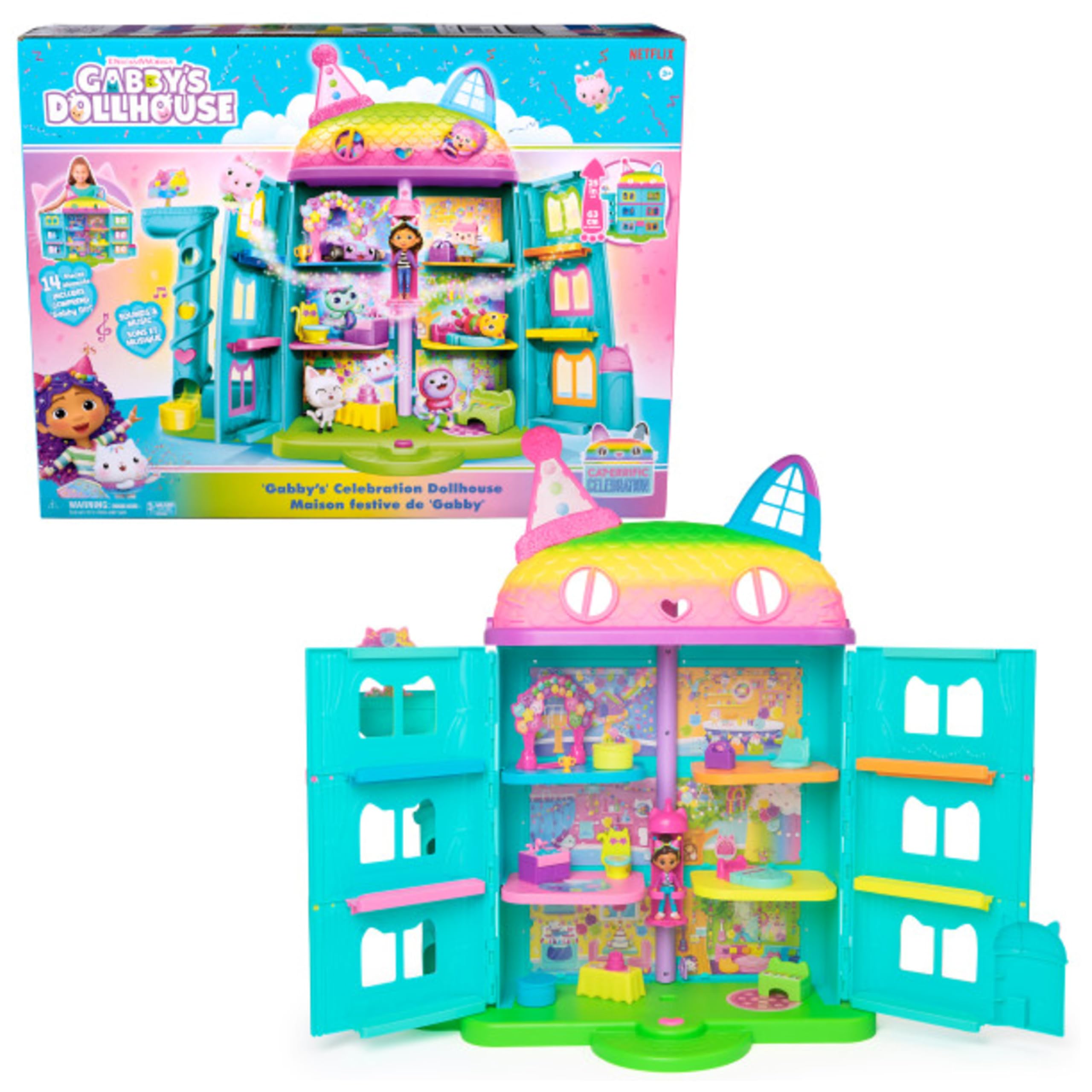 Gabby's Dollhouse, la Casa delle Bambole di Gabby a Tema Festa, 15 Pezzi a Tema Arcobaleno, Personaggi e Mobili per la Casa delle Bambole con Effetti Sonori, Alta 60 cm, 3+ Anni