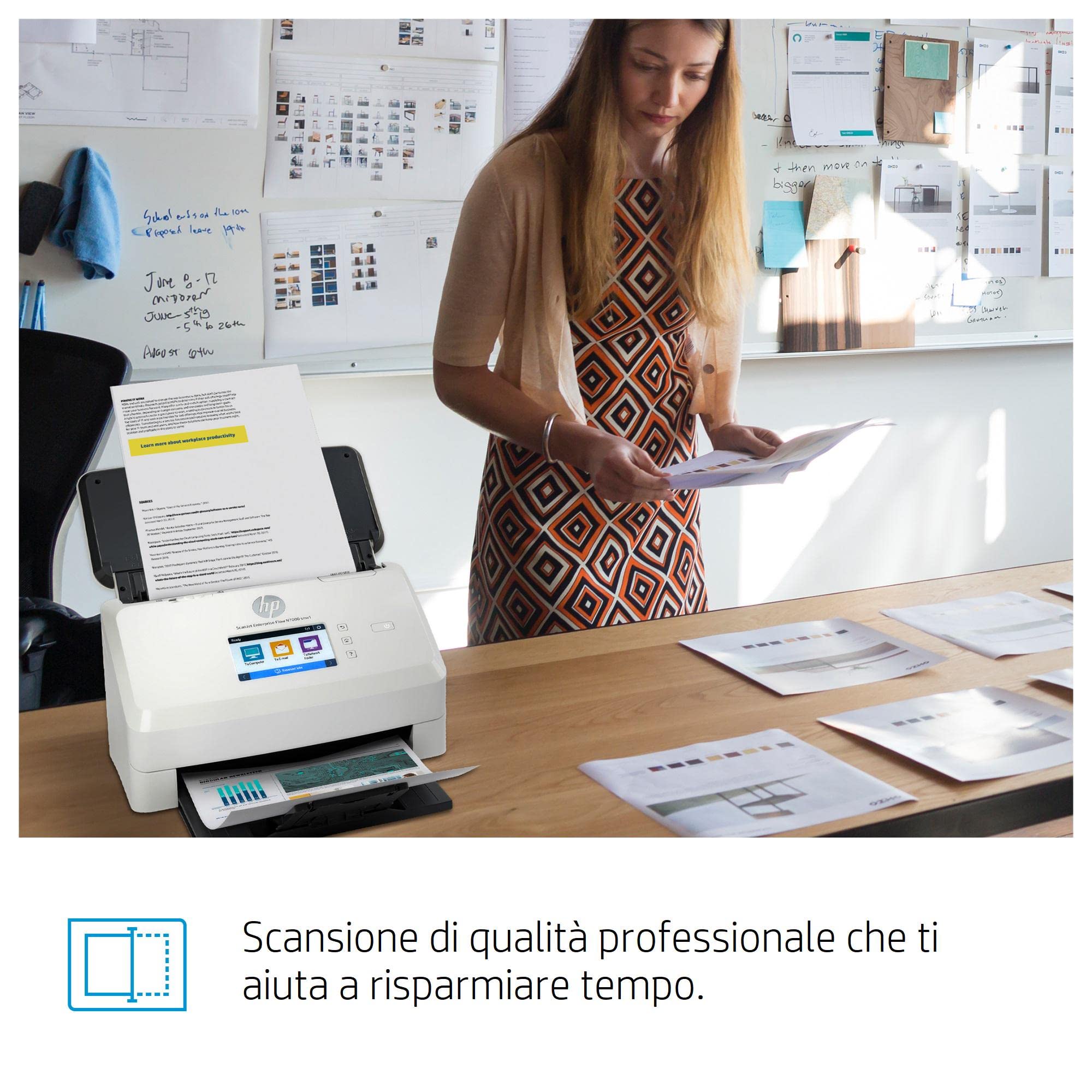 HP ScanJet Enterprise Flow N7000 snw1 6FW10A, Doppia scansione a singolo passaggio, Formato A3, 75 ppm e 150 ipm, Display Touchscreen 10,9 cm, Piccolo e sottile, Bianco