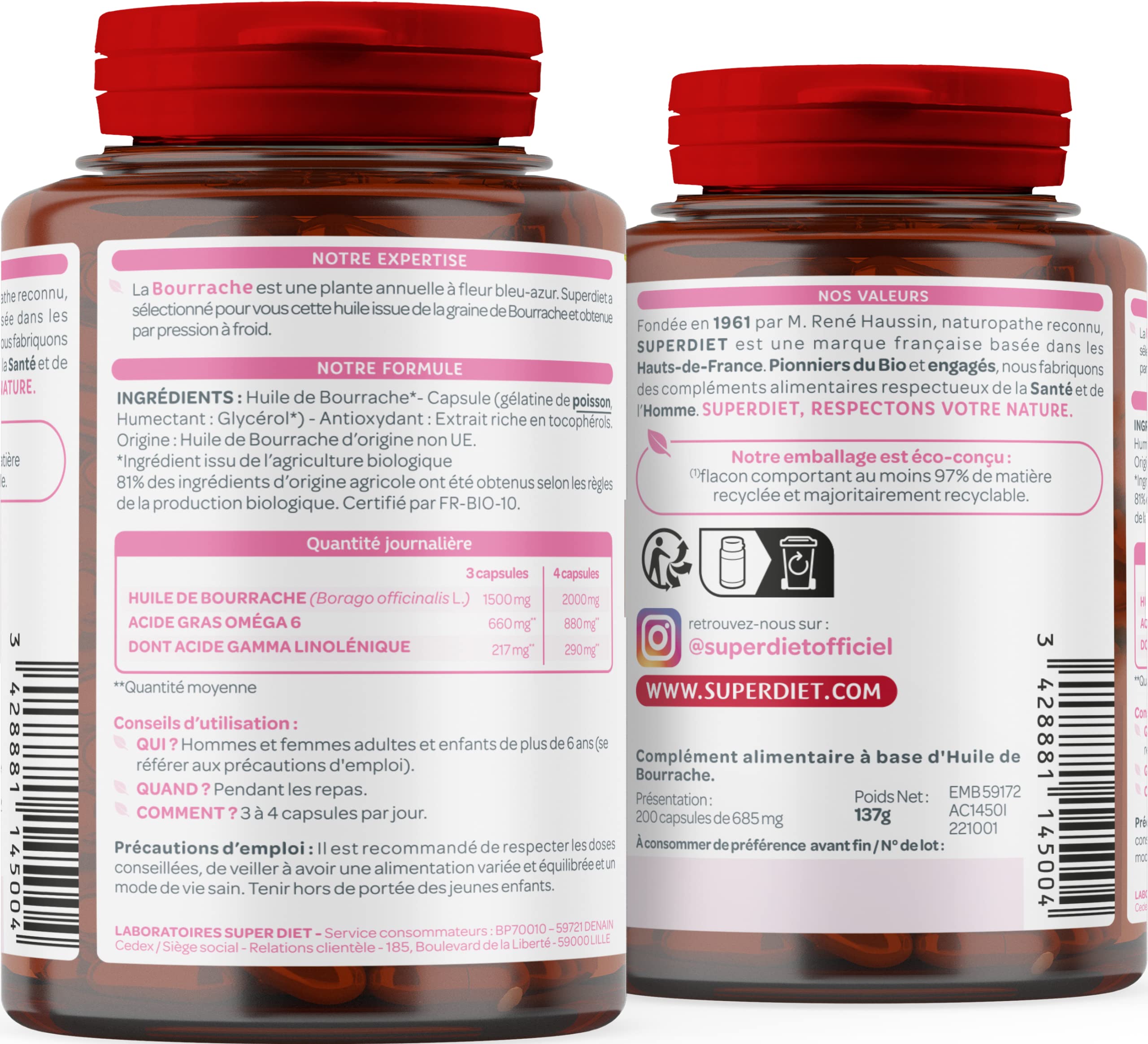 SUPERDIET® - HUILE DE BOURRACHE - Beauté de la peau -Phytothérapie - Fabrication française - 200 capsules