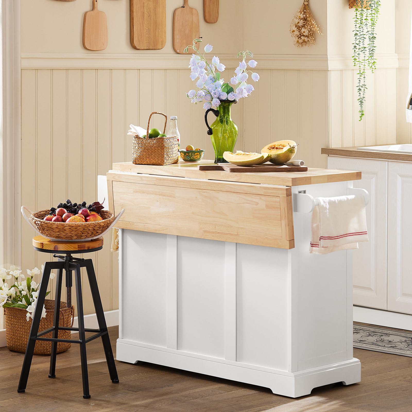 SoBuy Isla Cocina con encimera de Madera Maciza Extensible Carrito de Cocina con Ruedas Mueble de Cocina con 3 cajones Blanco 130x91x(46-71) cm FKW41-II-WN