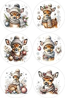 12 Baby Deer Christmas Selection - Card Making Toppers Self Adhesive Circles - Glossy Finish Medium 88mm (3.5 inches) Diameter - Pack of 12 (Two Sheets of 6) - Crafts Labels
