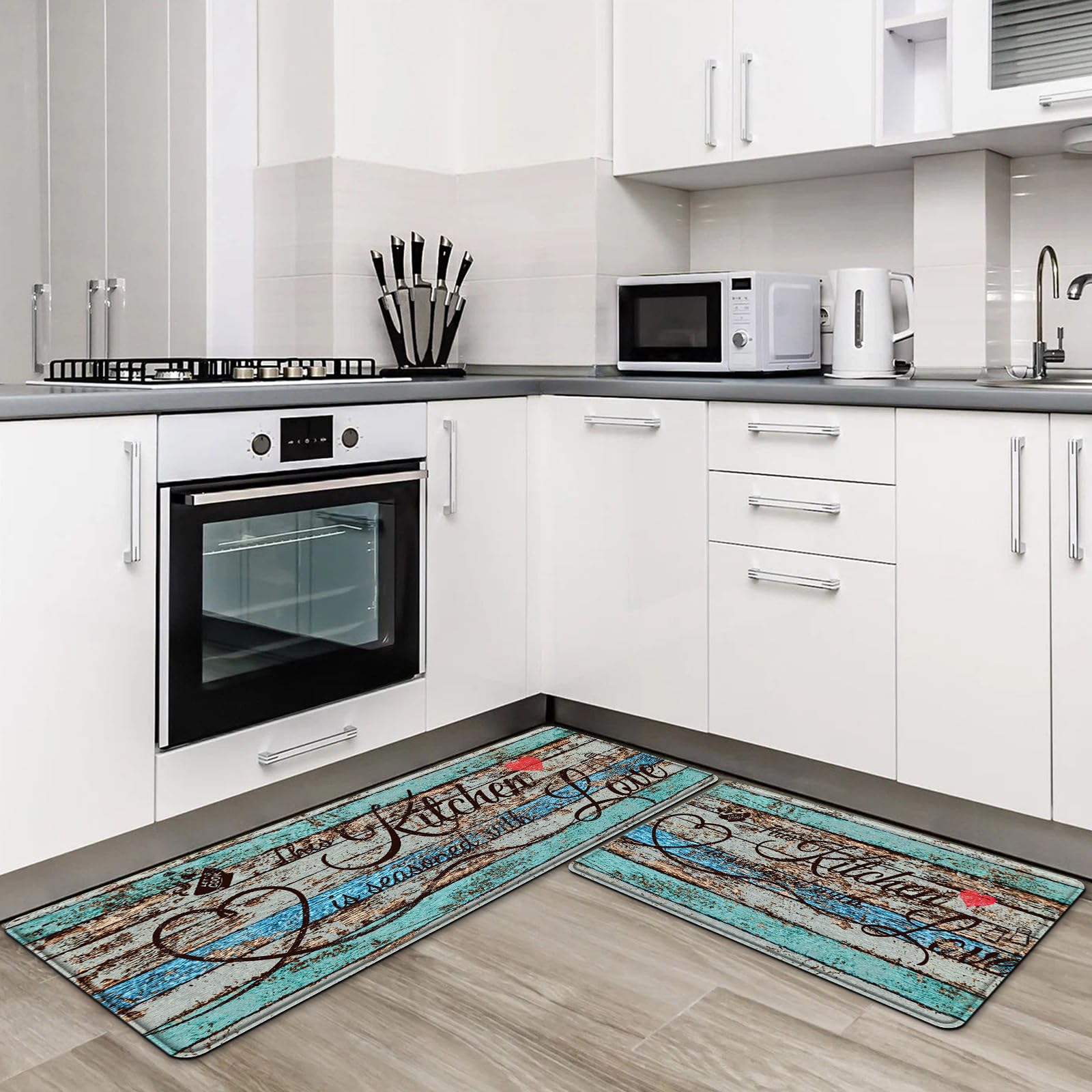 CHICNOOK Farmhouse Kitchen Rug Sets of 2, Love Theme Kitchen Mats, PVC Material Quality, Old-Style Wood Texture Anti Fatigue Kitchen Mats, Wooden Non-Slip and Washable Kitchen Rugs,18''x30''+18''x48''
