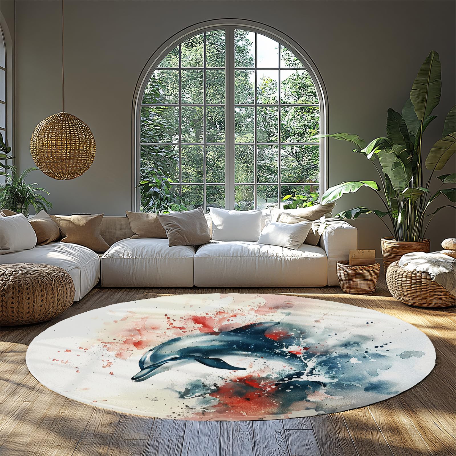 Tapis rond dauphin moderne 140cm antidérapant pour cuisine et salon aquarelle
