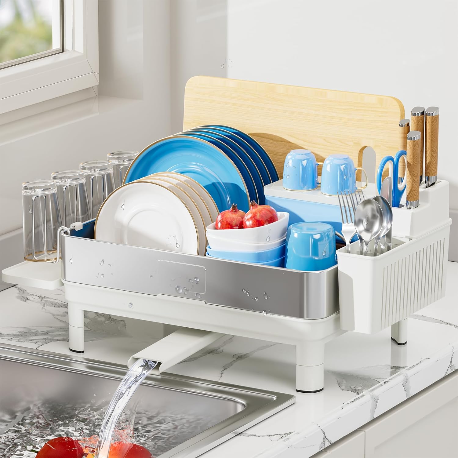 Dish Drying Rack, 304 Stainless Steel Dish Racks for Kitchen Counter, Dish Drainers with Automatic Drainage, Utensil Holder & Cups Holder, Space Saving Kitchen Organizer, White Dish Drying Rack, 304 Stainless Steel Dish Racks for Kitchen Counter, Dish Drainers with Automatic Drainage, Utensil Holder & Cups Holder, Space Saving Kitchen Organizer, White