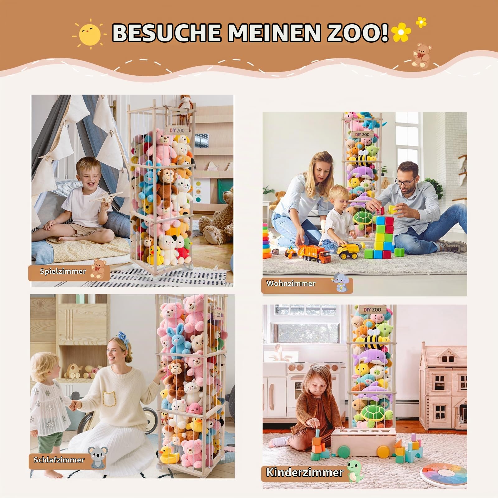 Sunowl Kuscheltier Aufbewahrung, Stofftier Aufbewahrung Mit 360°Bremse-Ausgestattete Räder,138 * 41 * 41cm für Kinderzimmer, Spielzimmer, Wohnzimmer usw