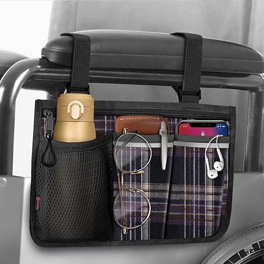FINPAC Wheelchair Side Storage Bag - Wheelchair Armrest Accessories Organizers Pouch with Reflective Strips and Name Card Slot for Walkers, Mobility Scooters, Rollators (Purple Tartan)