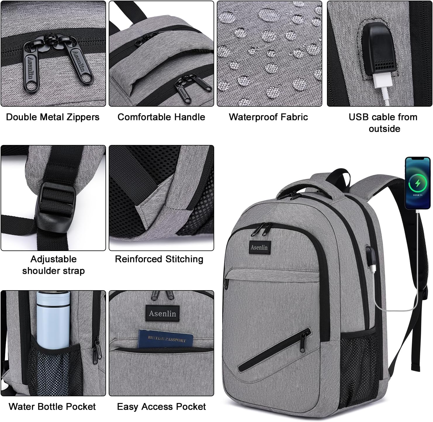 Asenlin Travel Laptop Backpack for Women & Men,Water Resistant Business Slim Sturdy Laptops Backpack with USB Charging Port,Fits 17.3 Inch Notebook College School Computer Bag-Grey - Image 4