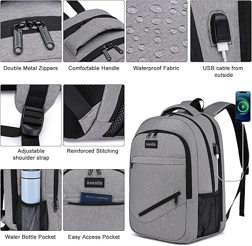 Miniatura 4 de Asenlin Mochila de viaje para laptop para mujeres y hombres, resistente al agua, mochila delgada y resistente para laptop con puerto de carga USB,