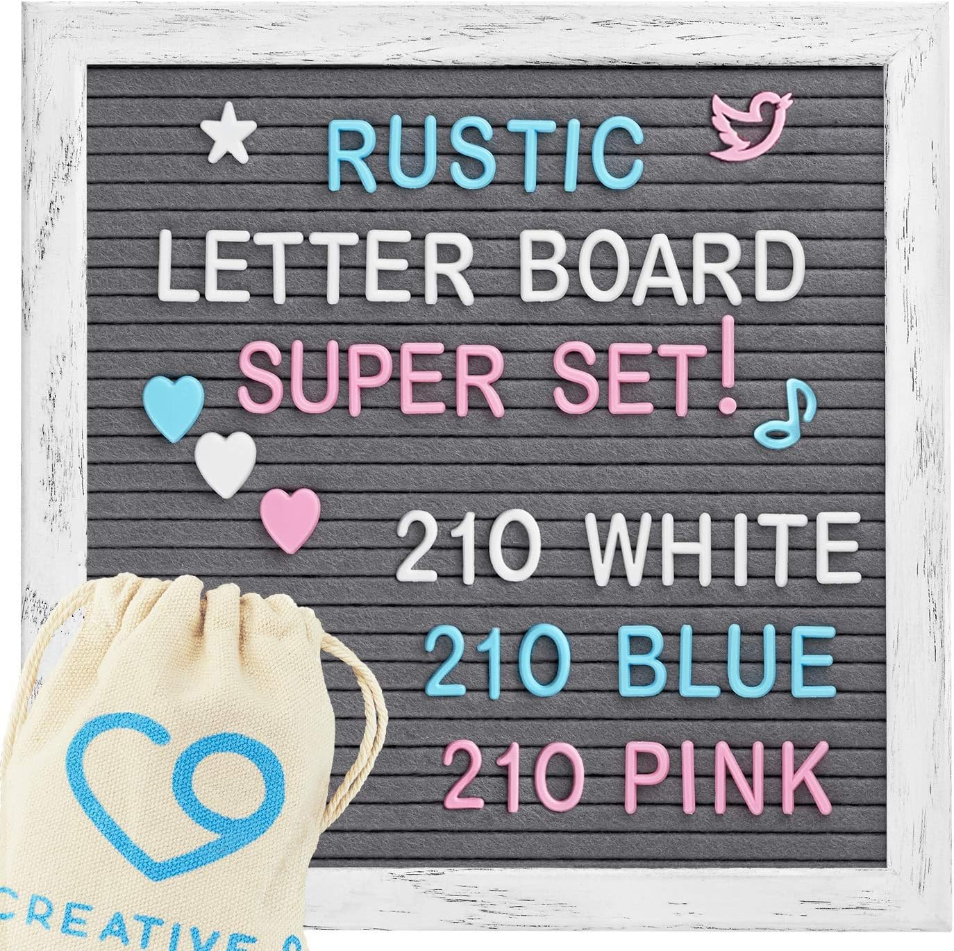Felt Letter Board - 10"x 10" Rustic White Oak Frame w/Stand & 3 Canvas Pouches - 630 White, Pink, Blue Letters, Symbols & Extra Emoji's | Message Word Board (Gray)