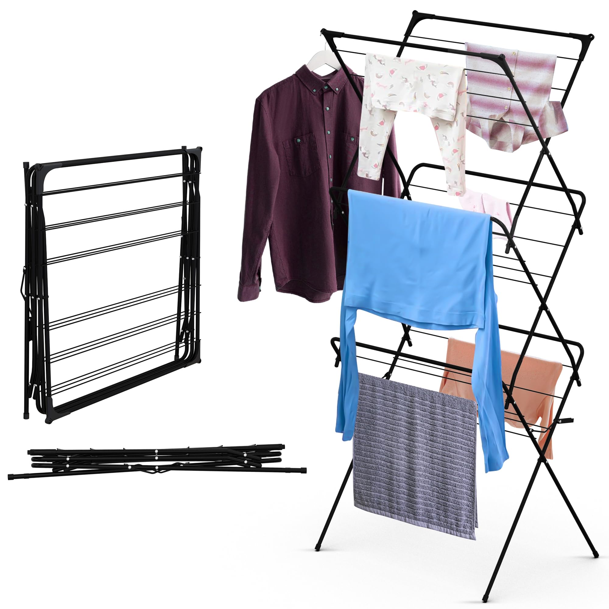 ABN Finest Maiden Clothes Dryer Horse Indoor Folding, 18m Drying Racks with 10kg Load Capacity, Compact 3 Tier Clothes Airer for Small Spaces Metal Black