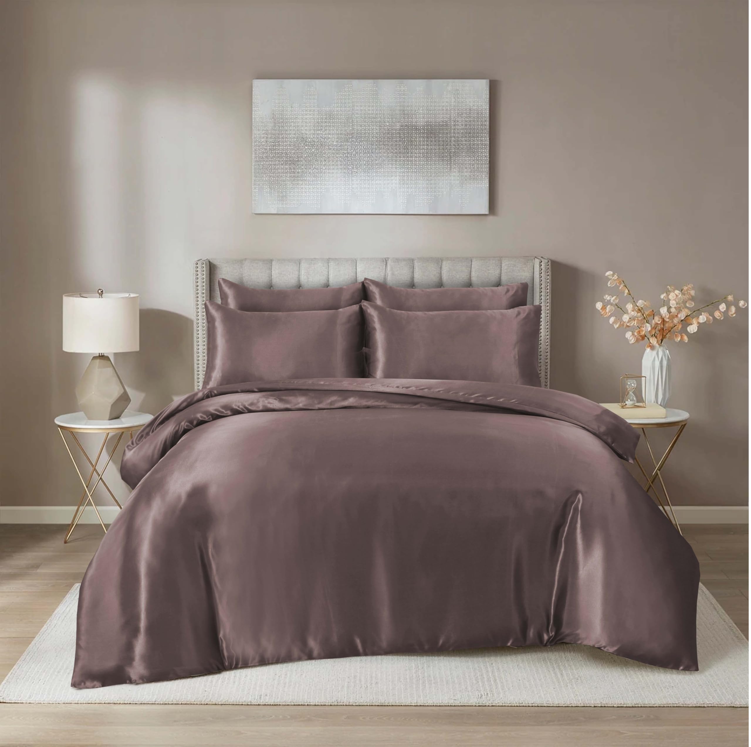 Hadi London Satin Silk 6 Piece Complete Bedding Set including Silky Deep Fitted Sheet Reversible Duvet Cover Comforter & 4 Pillowcases for Single Double King Super King Size Bed (Blush-Pink