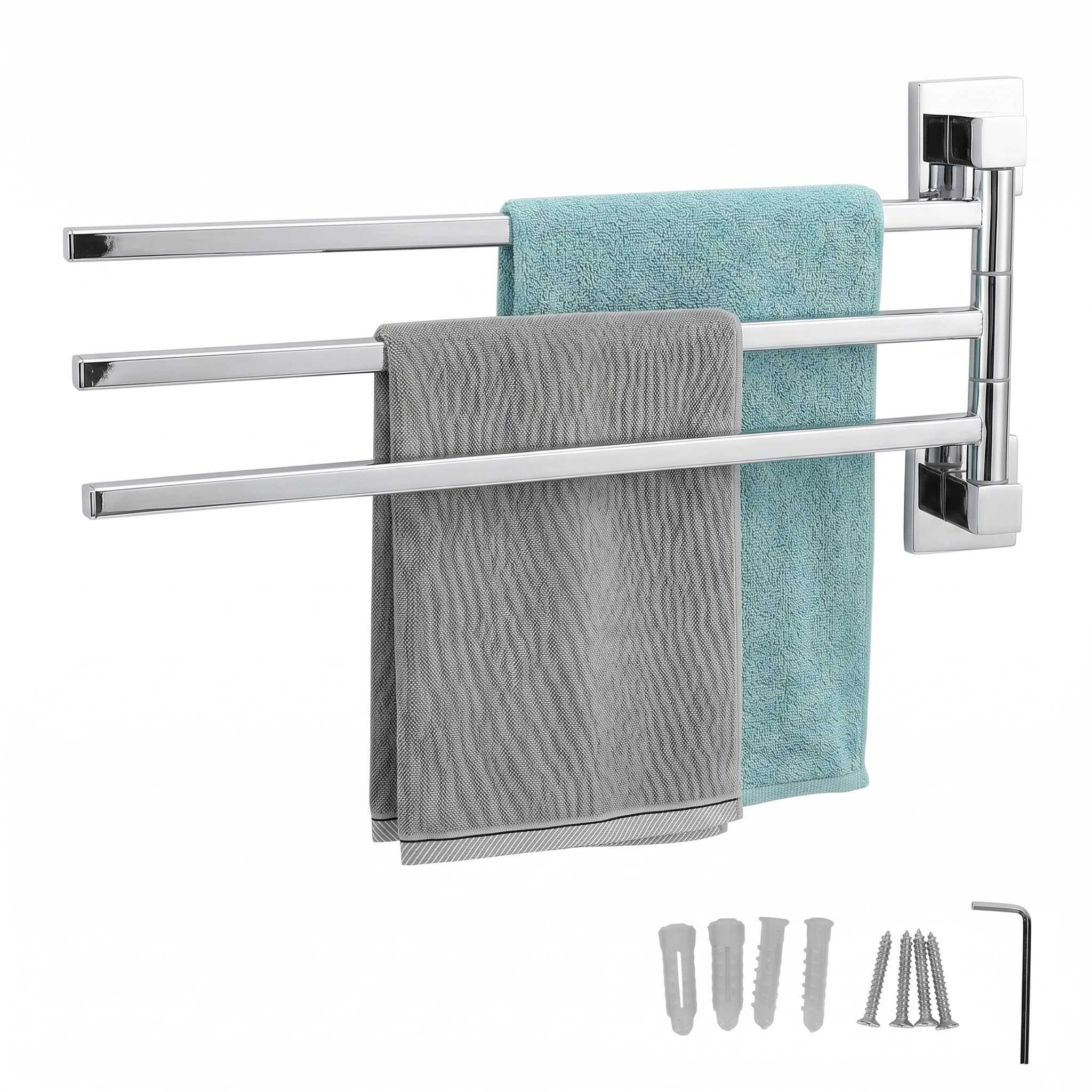 Portasciugamani Girevole in Acciaio Inox, 3 Bracci, 40 cm, Rotazione 180°, Portasciugamani Pieghevole per Bagno e WC, Spazzolato Argento