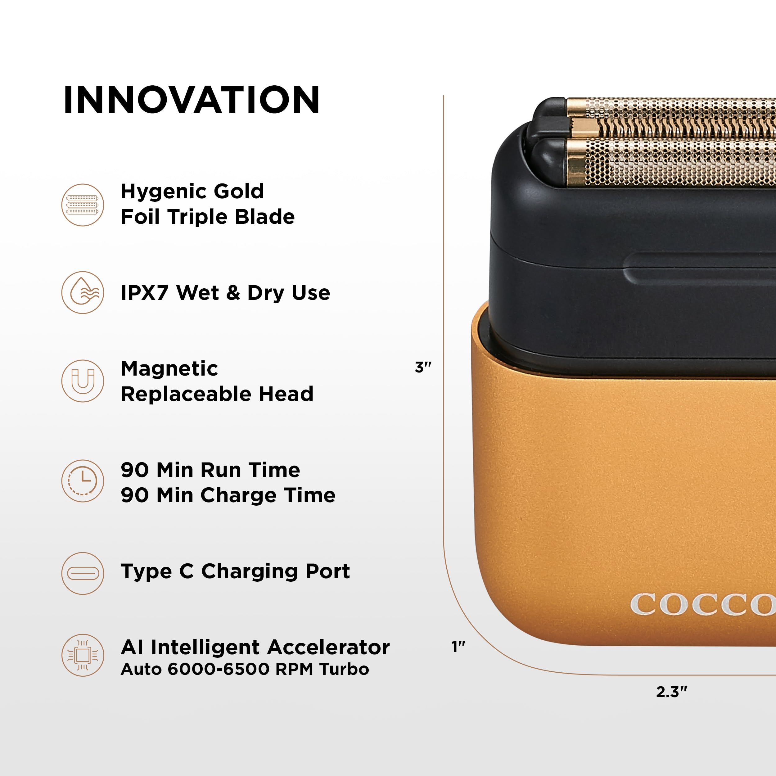 COCCO IMPACTO - Rasoio elettrico da uomo, tripla lamina d'oro, rasoio elettrico per uomini calvi, uso bagnato e asciutto, testina magnetica sostituibile, acceleratore intelligente, durata 90 minuti