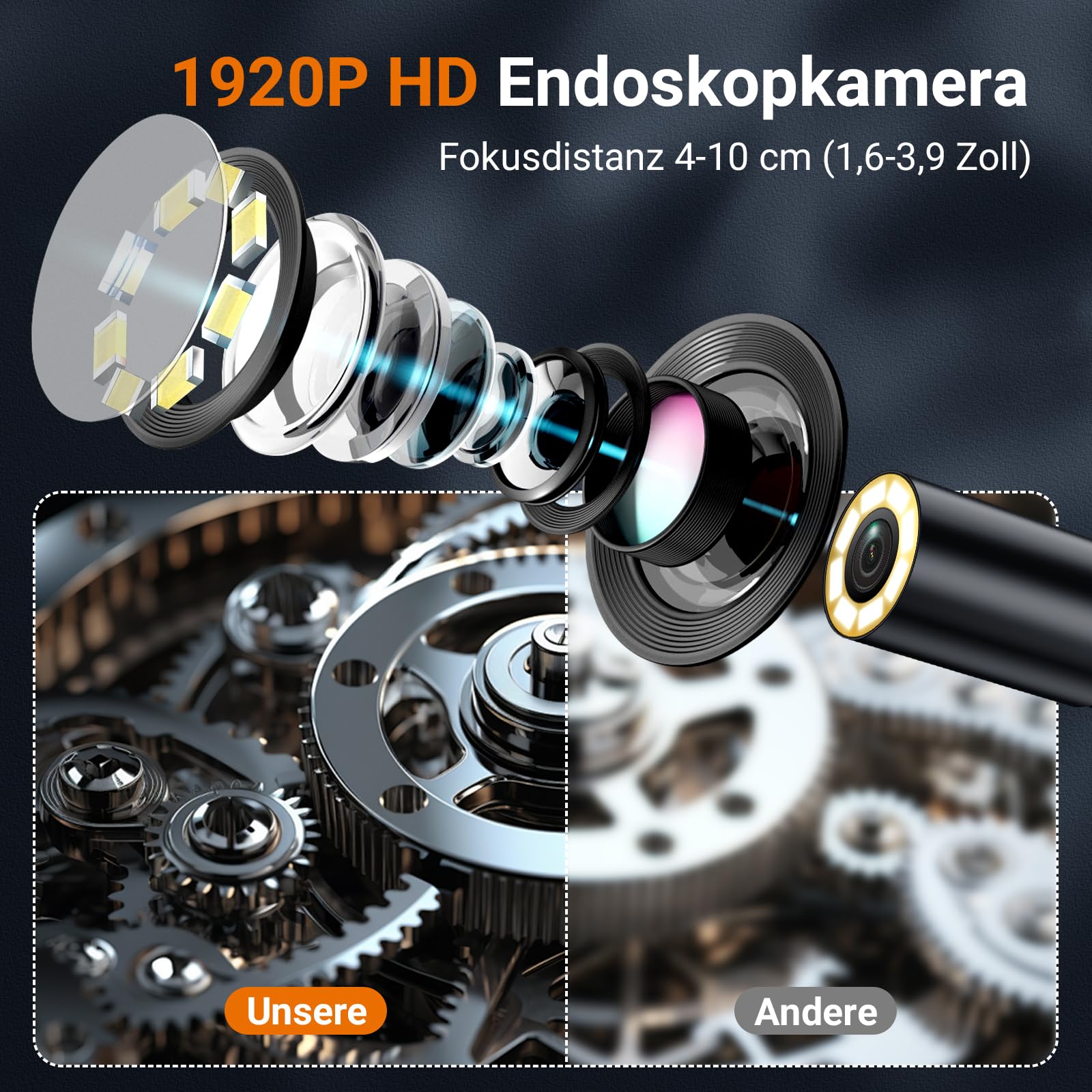 4,3" IPS Endoskopkamera mit Licht 1080P HD - IP67 Wasserdichte Inspektionskamera & Rohrkamera mit 8 LEDs, 5m Halbstarre Sonde für Auto, Rohre, Haushalt, Kein WLAN/App Nötig | Rohrkamera mit 8 LEDs, IP67 Wasserdichte Inspektionskamera, Halbstarre Sonde, Fü