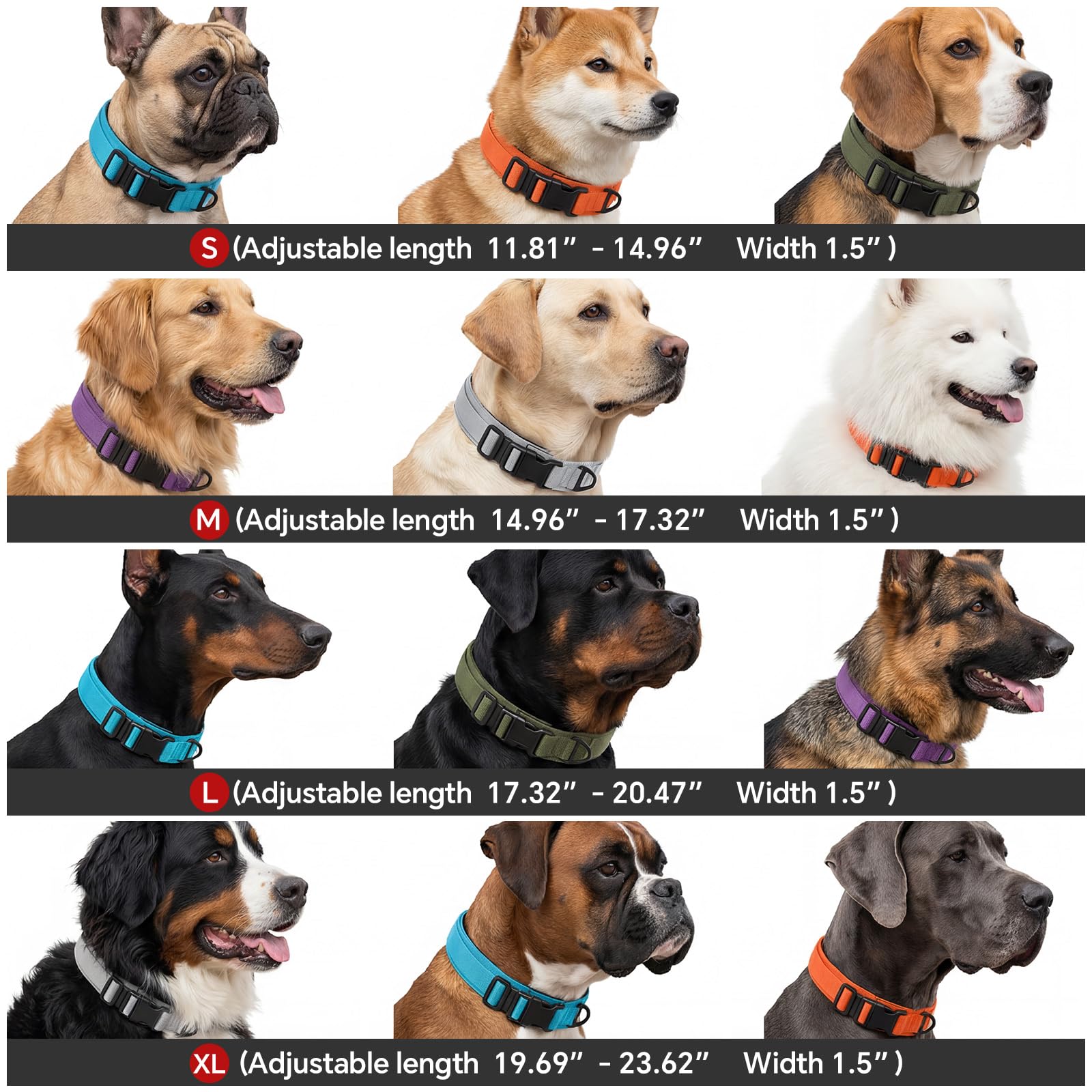 Collare per cani tattico resistente, anello a D in metallo, regolabile, resistente, con fibbia a sgancio rapido, per cani di taglia media e grande (rosa, M: 15-17)