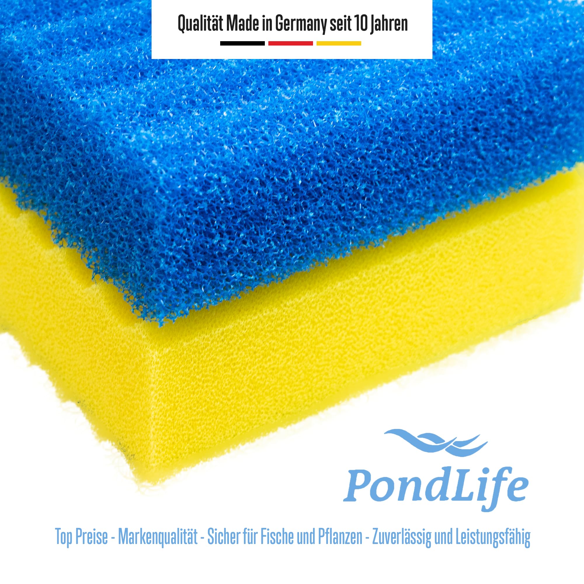Pondlife Teichfilter Schwämme, Filterschwamm-Set für Teichfilter, 4x Gelb (Fein), 4x Blau (Grob), kompatibel mit SunSun CBF 350 und Osaga Kammerfilter, offenporiger Schaumstoff
